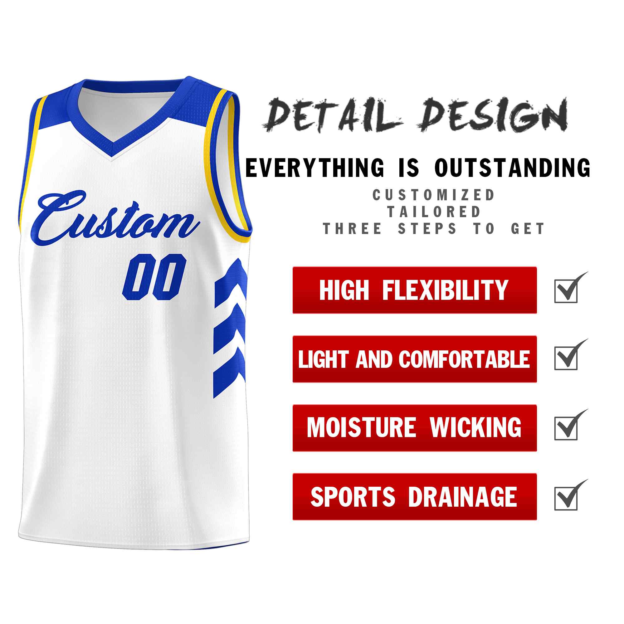 Le classique royal blanc fait sur commande place le maillot de basket-ball uniforme de sport