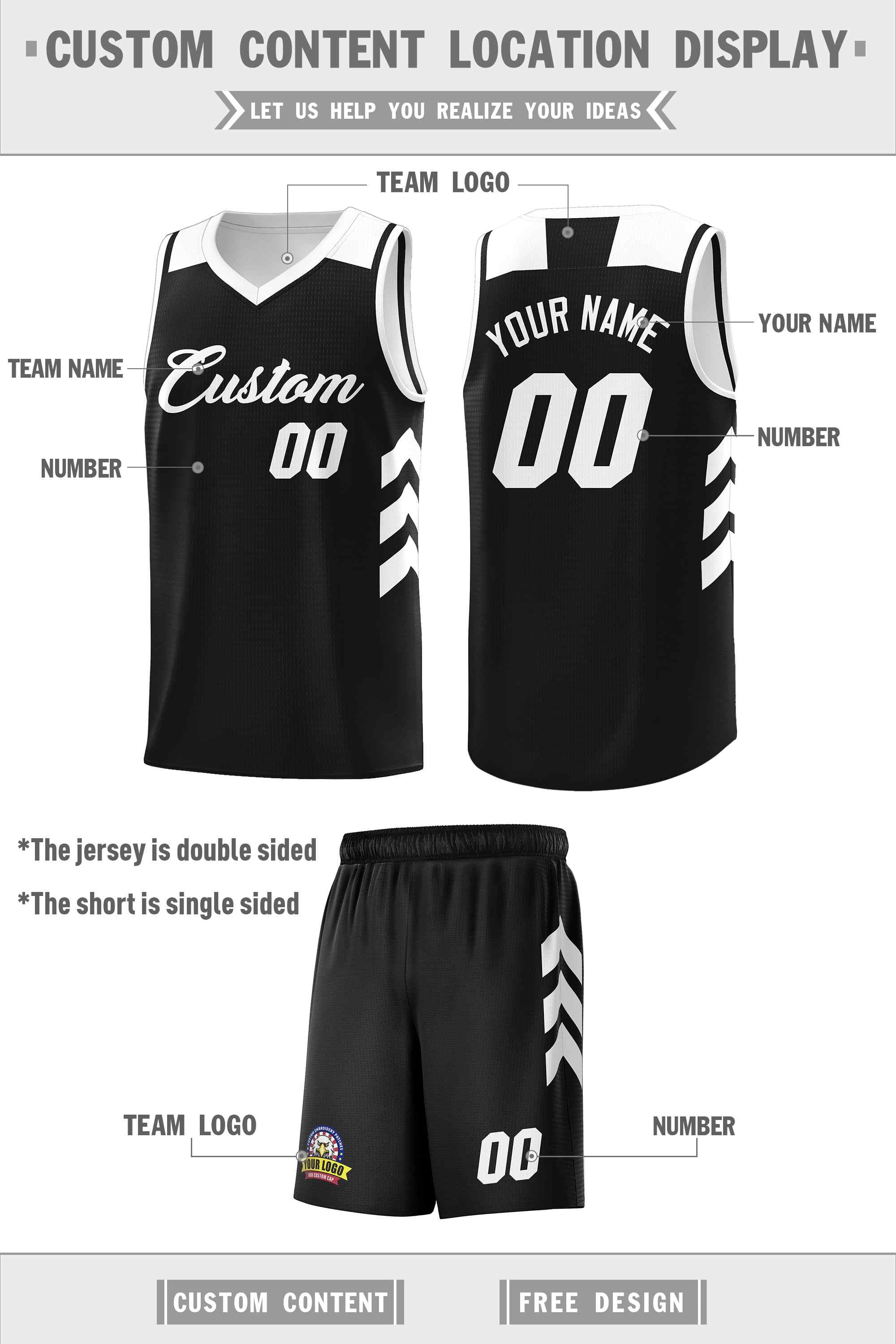 Ensembles classiques noirs et blancs personnalisés, maillot de basket-ball uniforme de sport