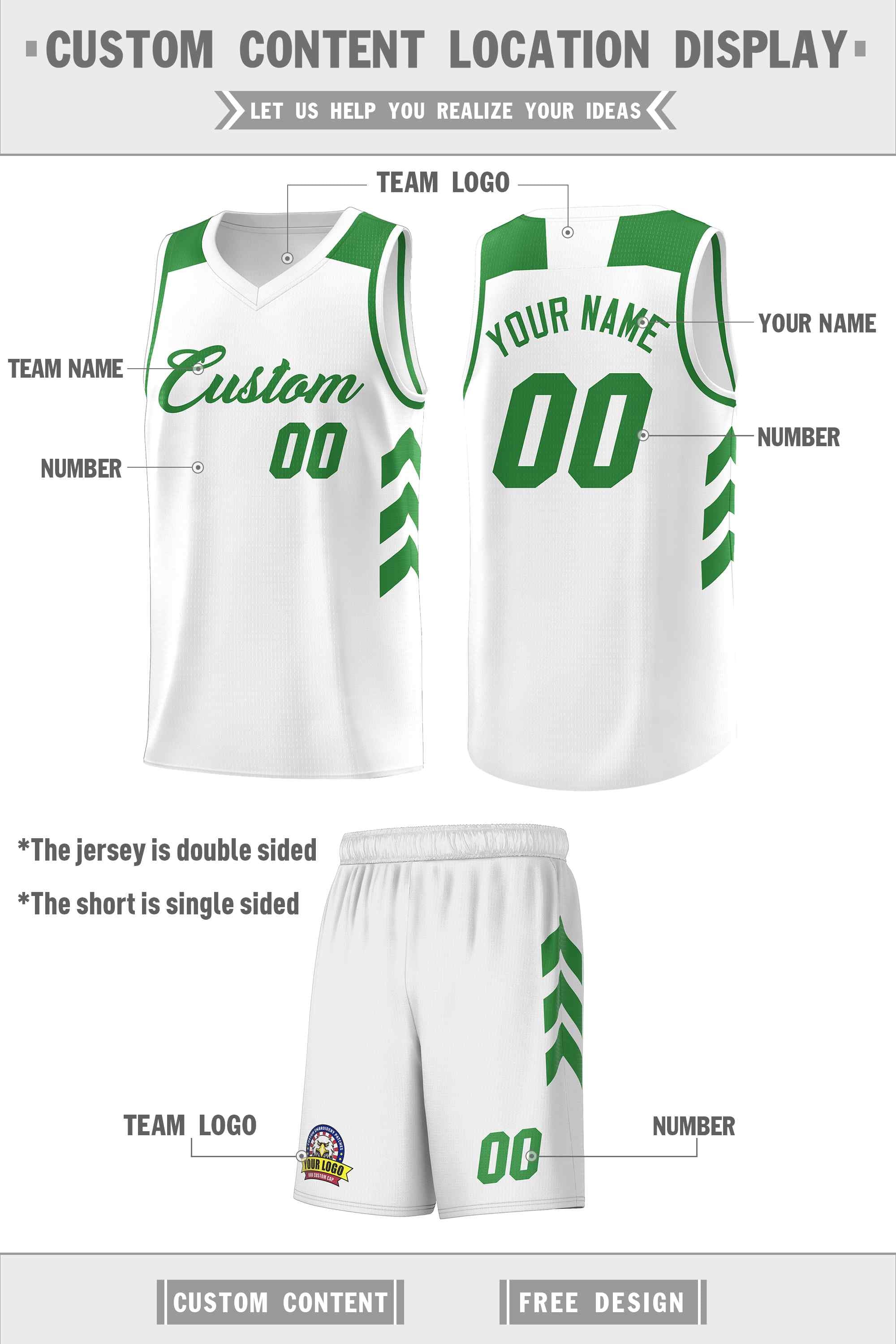 Custom White Green Classic Sets Sports Uniform Basketball Jersey