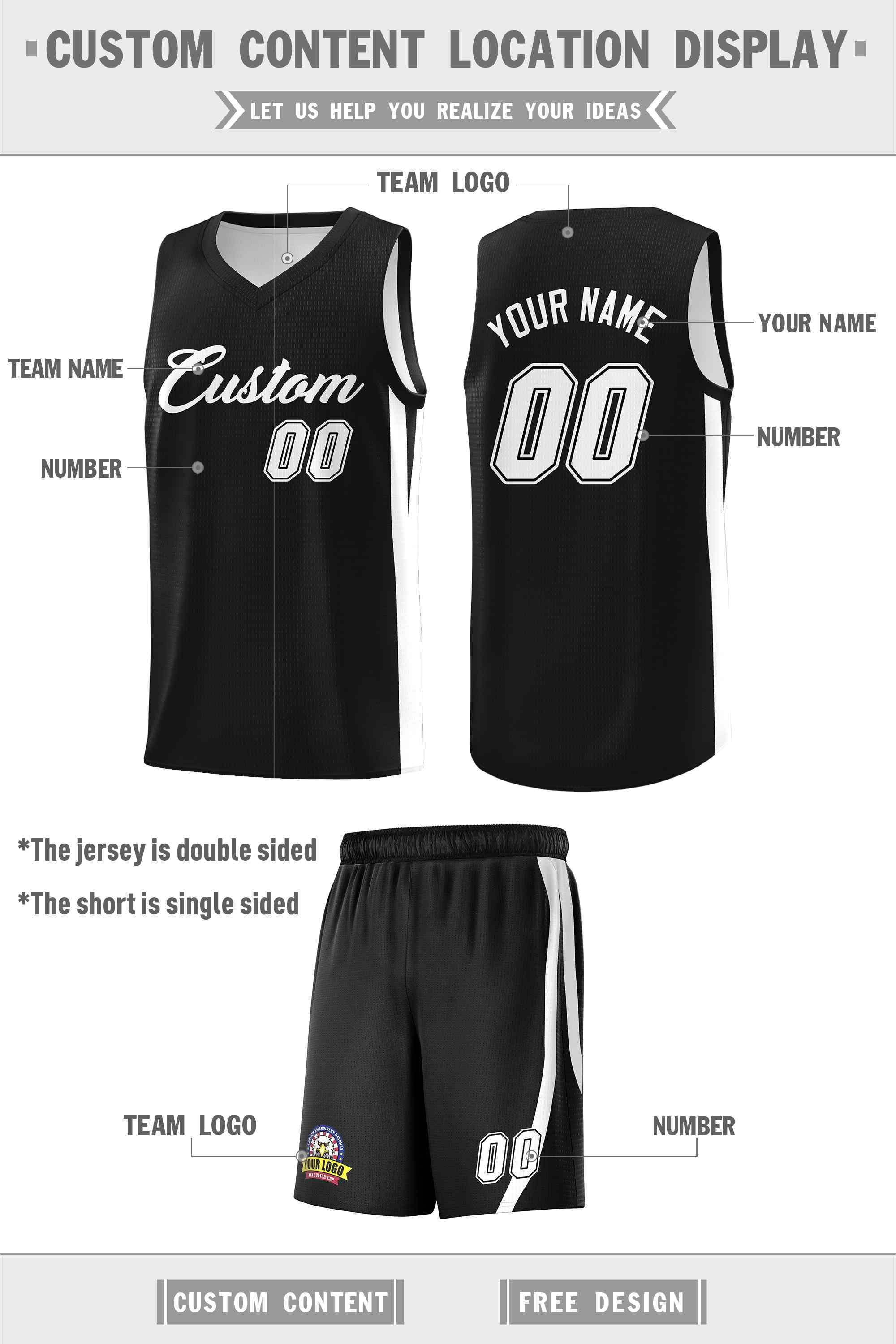 Custom Black White Classic Sets Sports Uniform Basketball Jersey