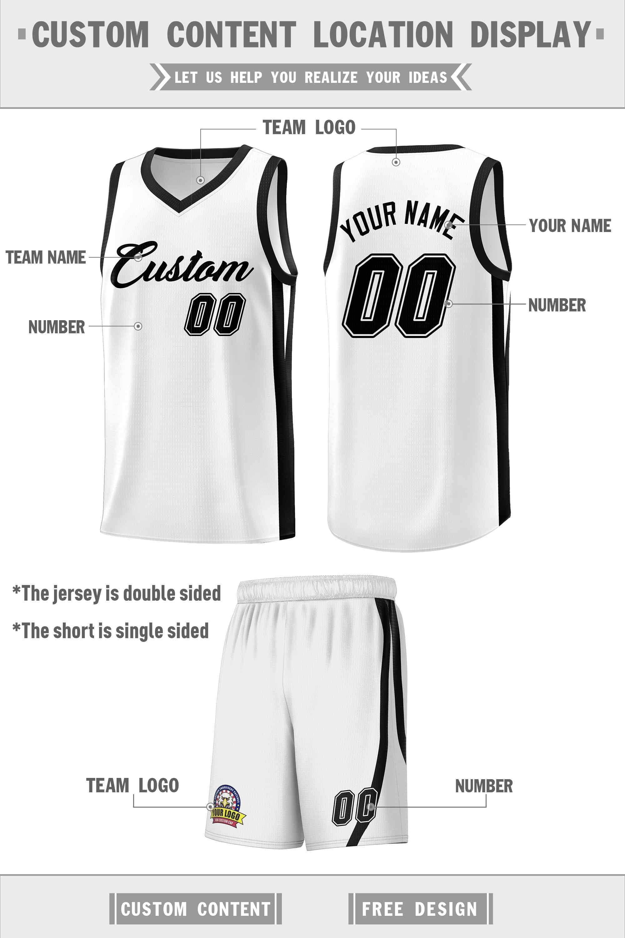 Custom White Black Classic Sets Sports Uniform Basketball Jersey