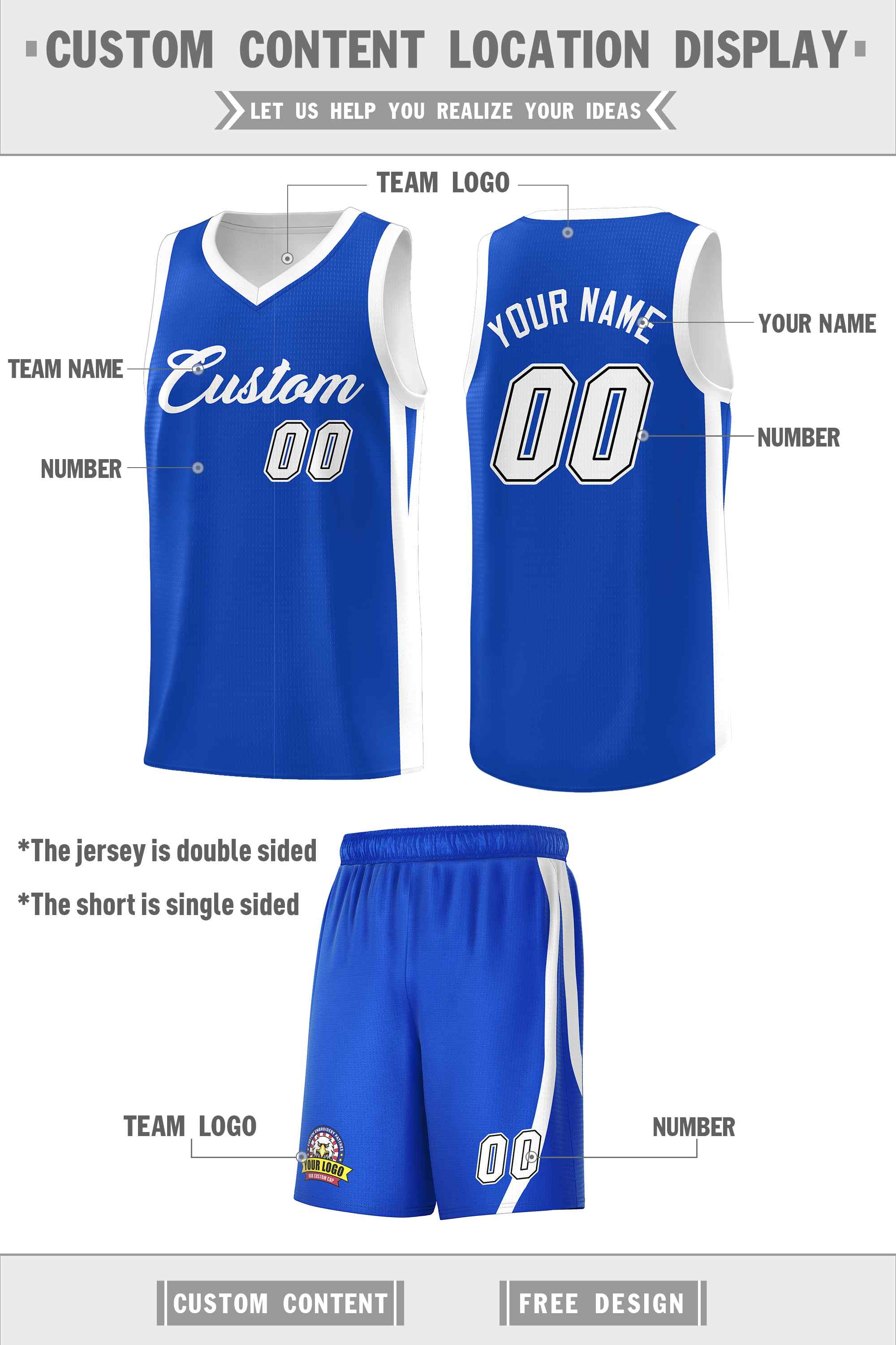 Le classique blanc royal fait sur commande place le maillot de basket-ball uniforme de sport