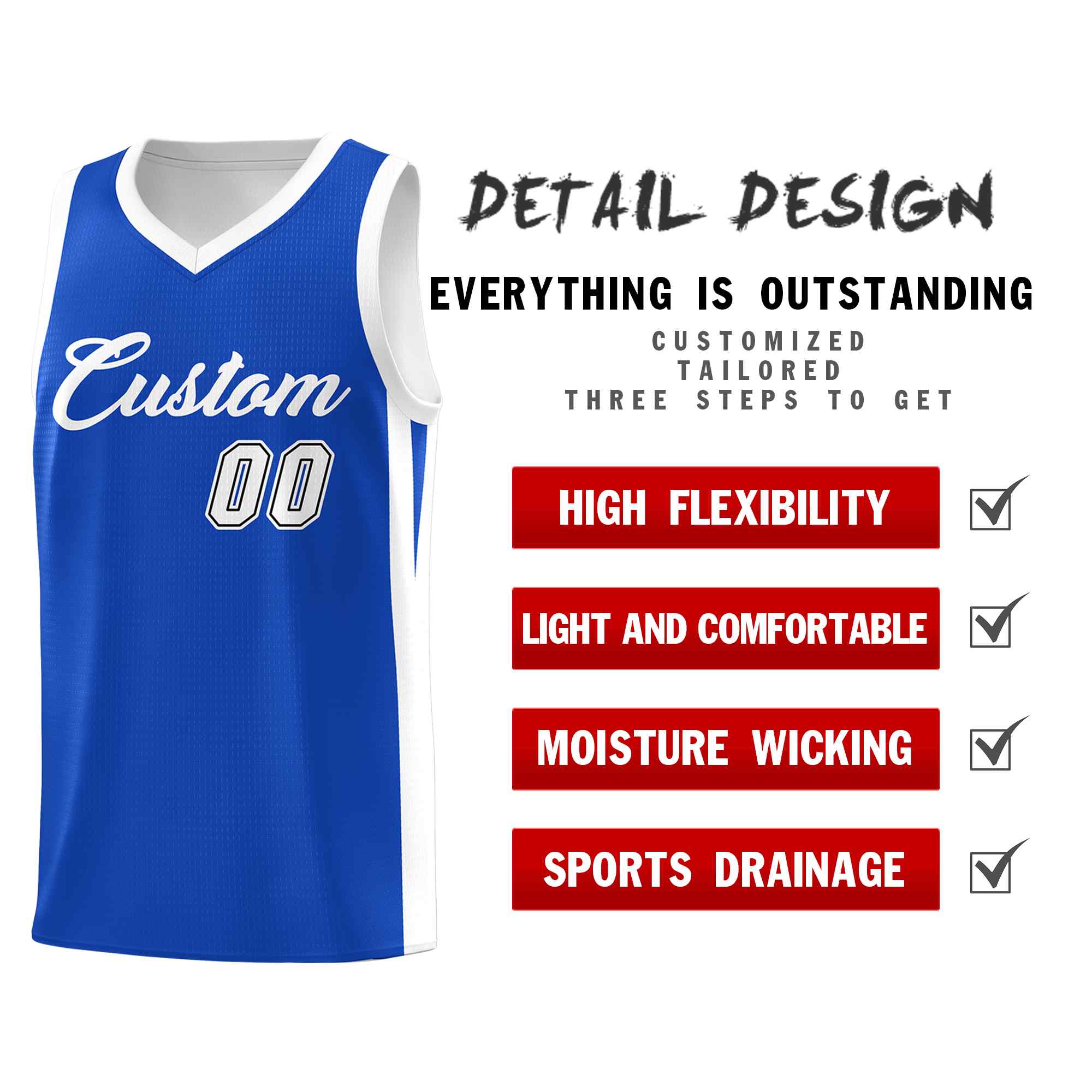 Le classique blanc royal fait sur commande place le maillot de basket-ball uniforme de sport