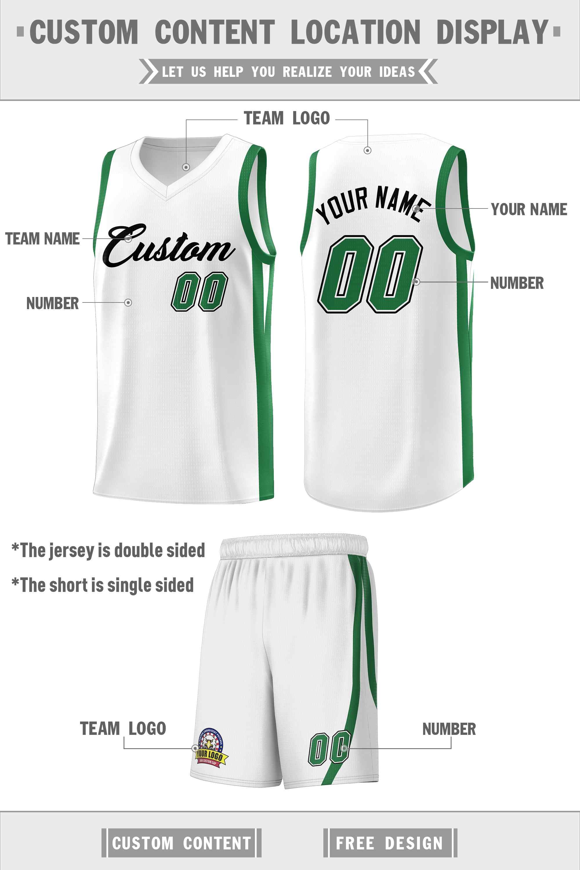 Custom White Green Classic Sets Sports Uniform Basketball Jersey