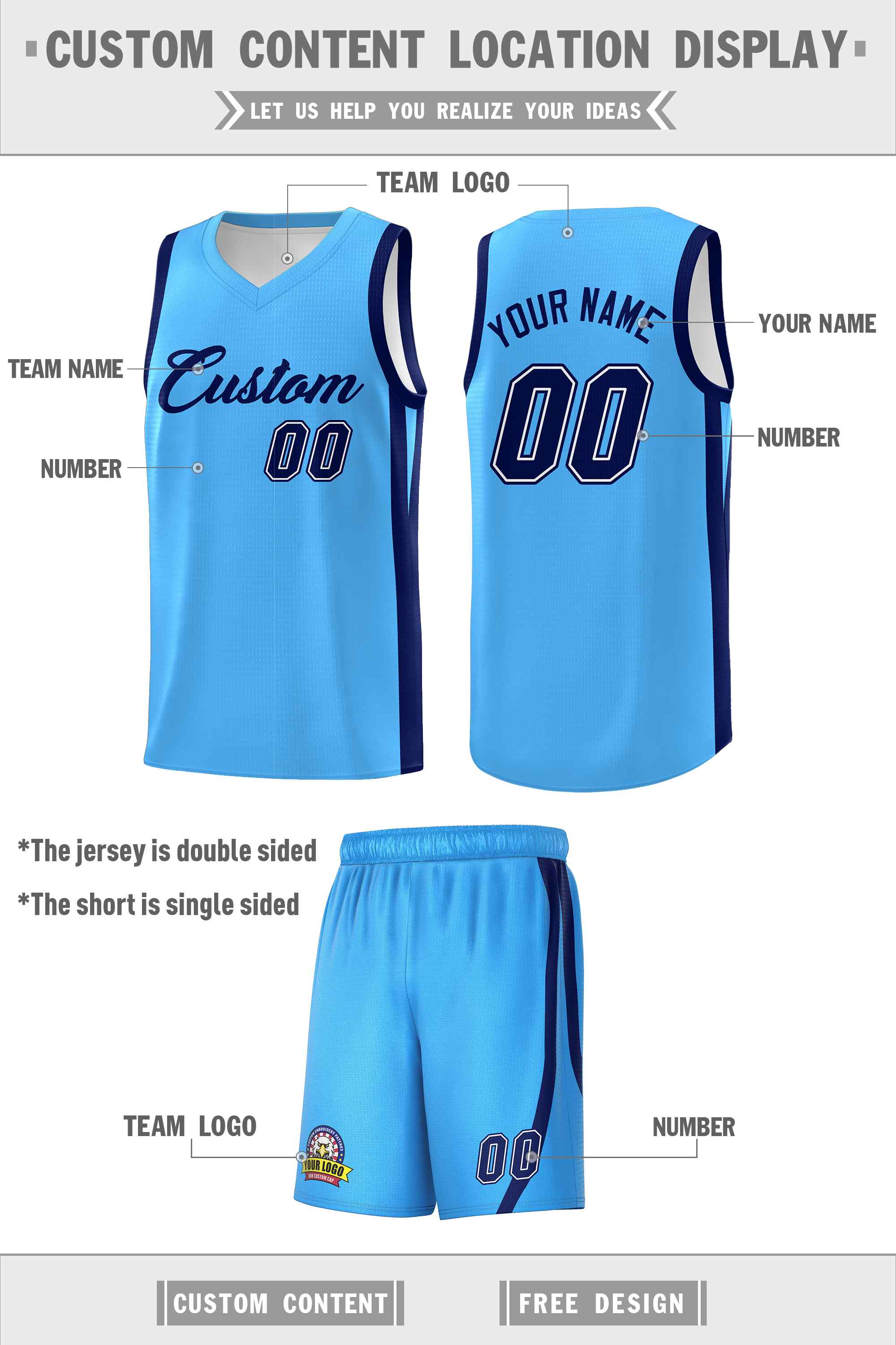 Le classique bleu clair personnalisé de la marine définit le maillot de basket-ball uniforme de sport