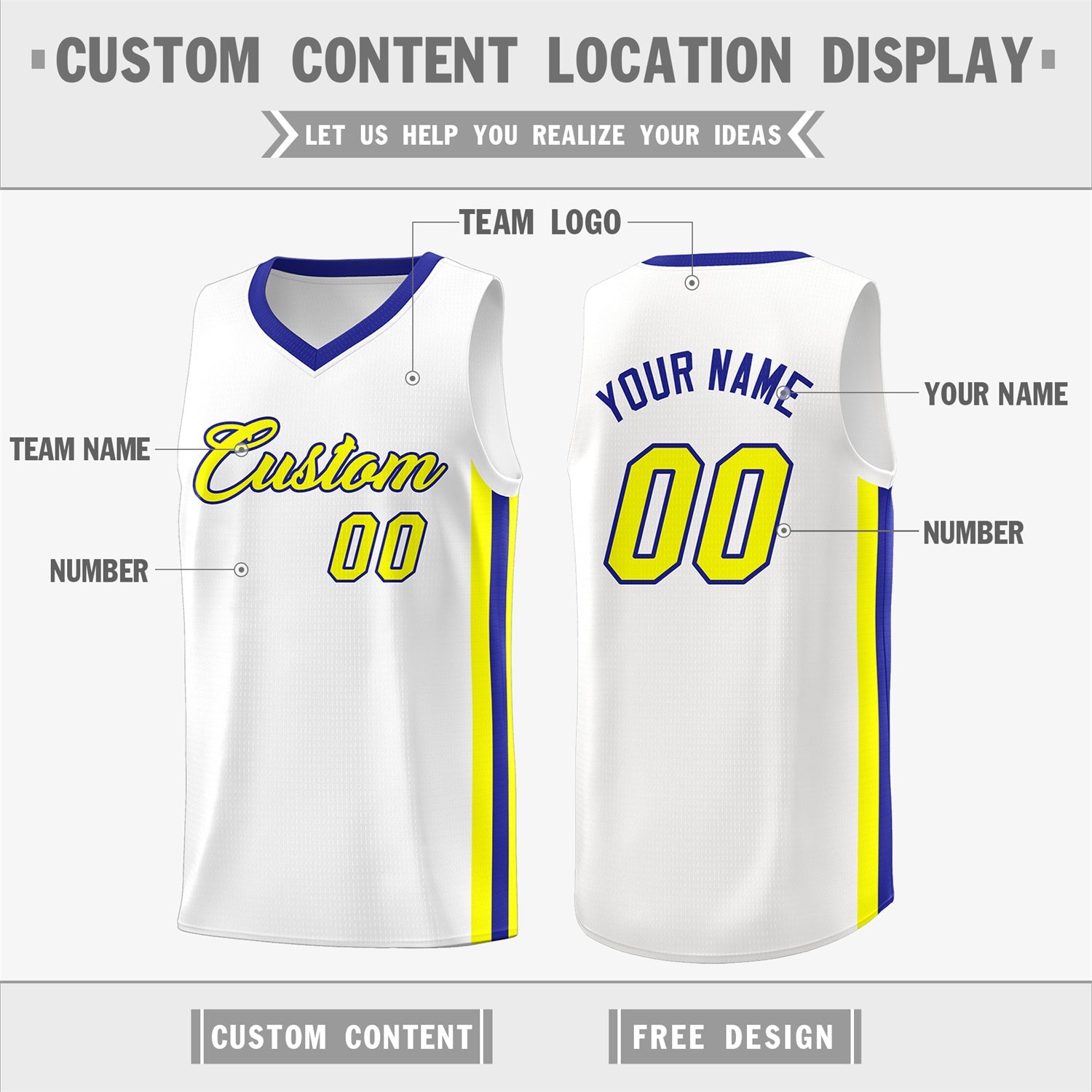 Custom White Yellow-Royal Classic Tops Men/Boy Athletic Basketball Jersey