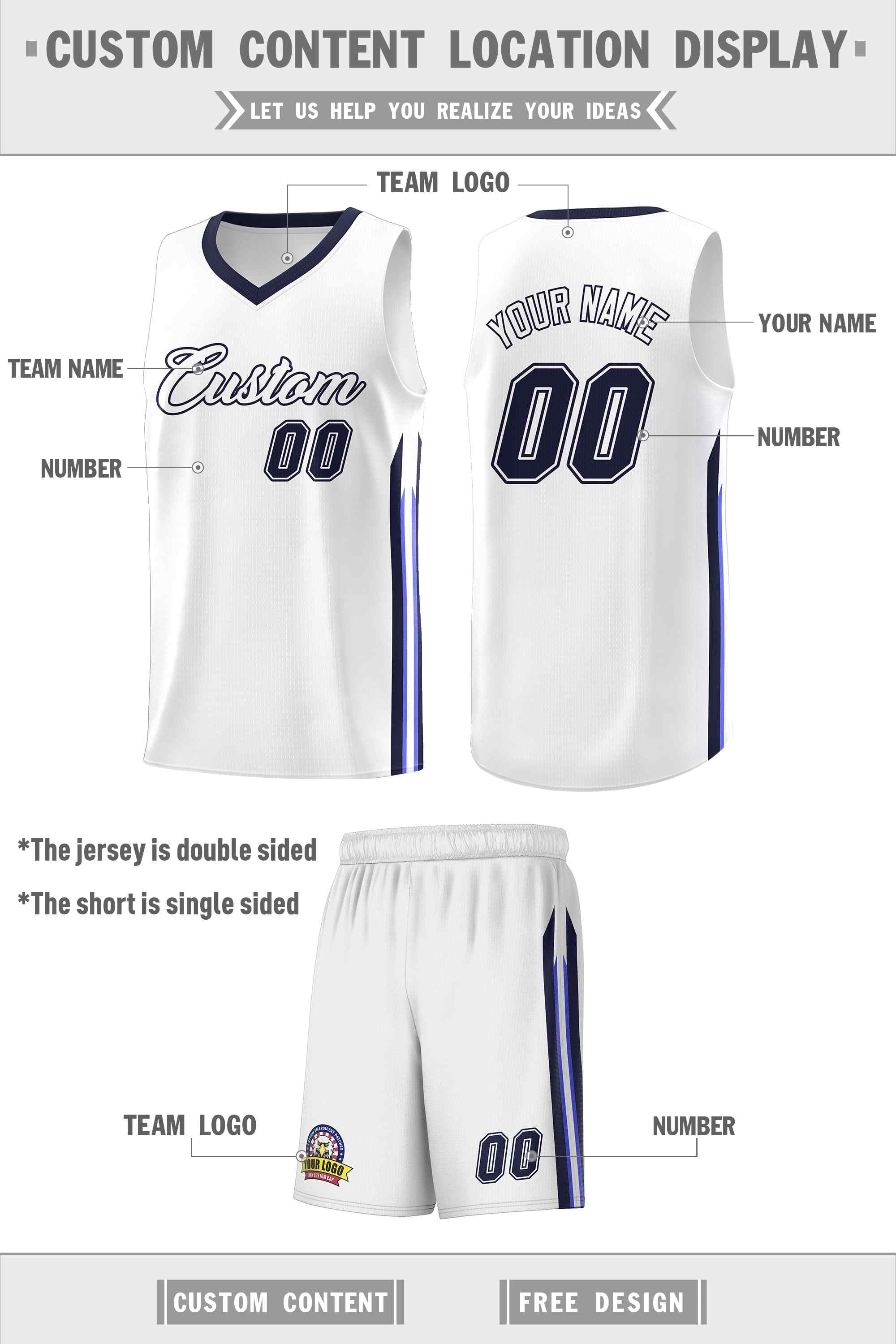 Le classique blanc personnalisé de la marine définit le maillot de basket-ball uniforme de sport