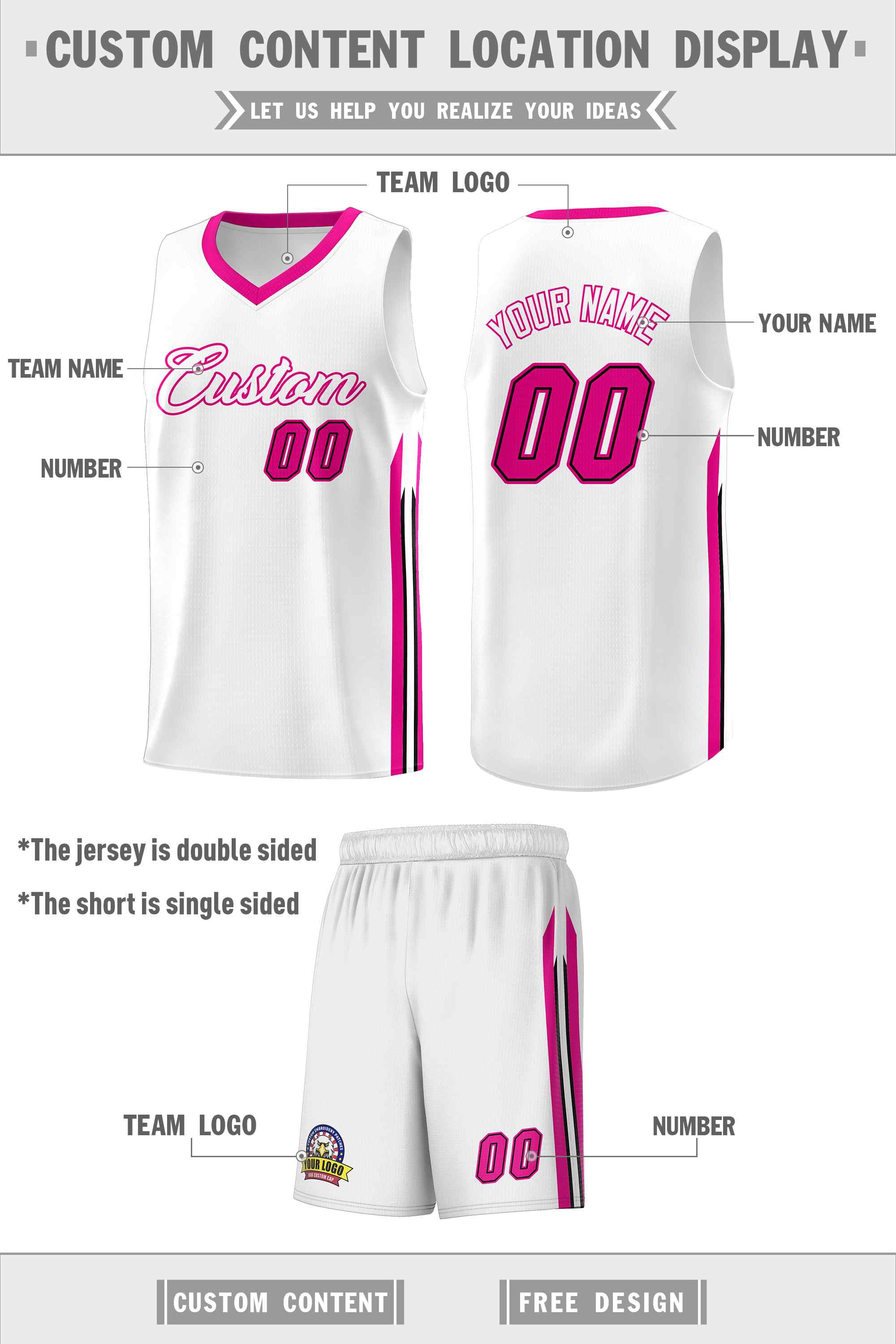 Le classique rose blanc fait sur commande place le maillot uniforme de basket-ball de sports