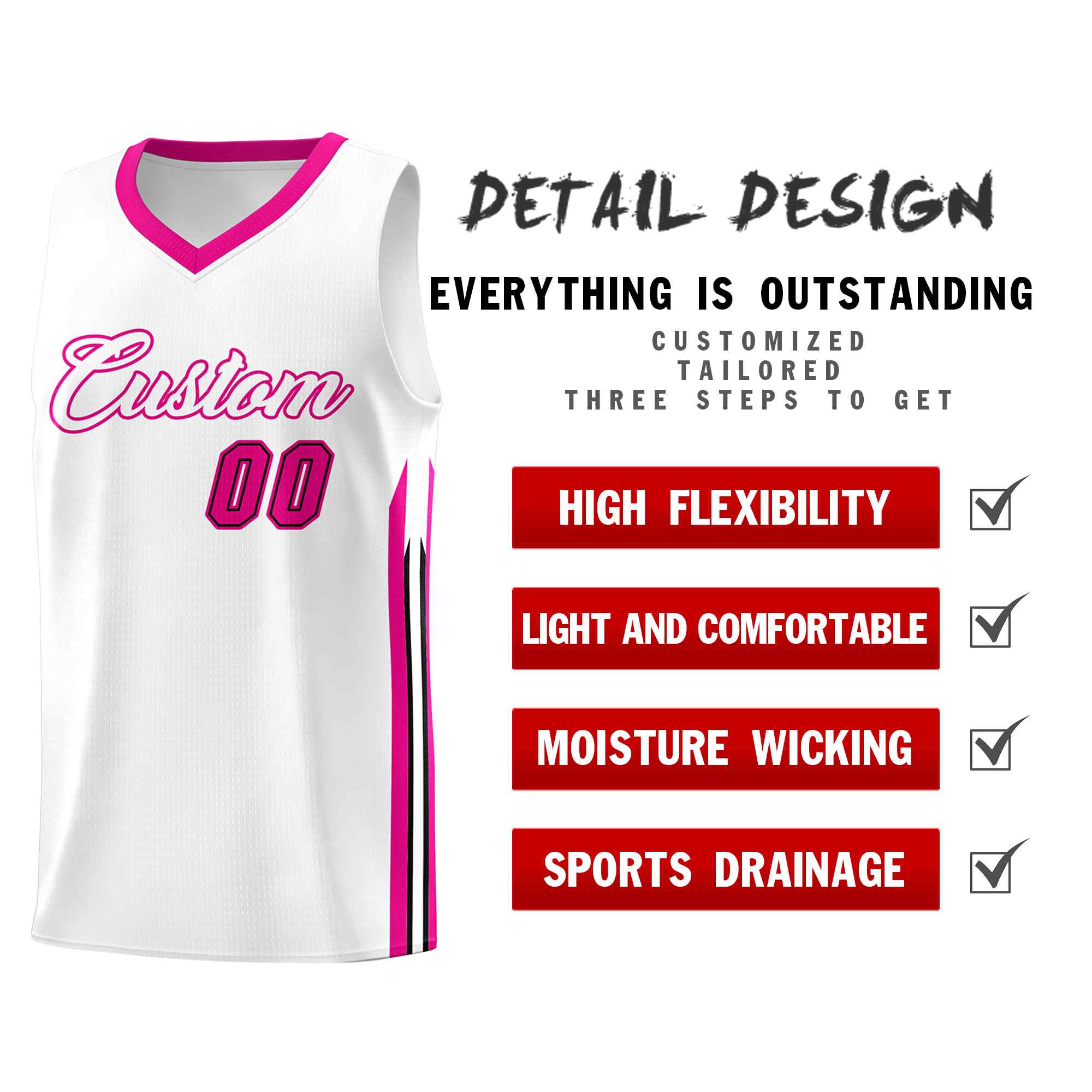 Le classique rose blanc fait sur commande place le maillot uniforme de basket-ball de sports