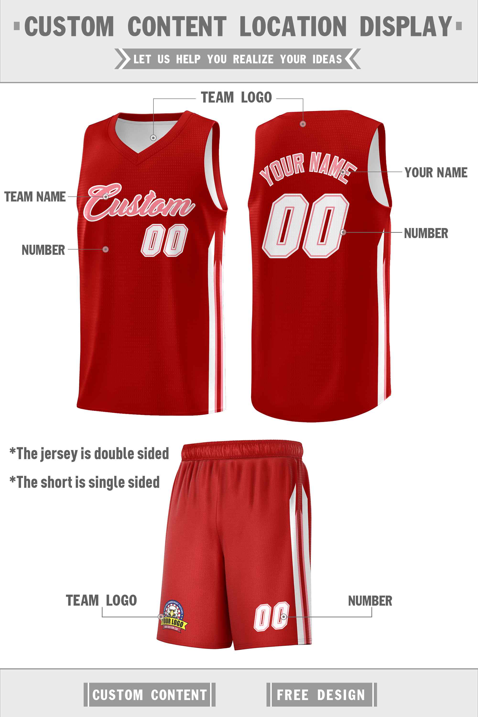 Ensembles classiques personnalisés rouge rose-blanc, maillot de basket-ball uniforme de sport