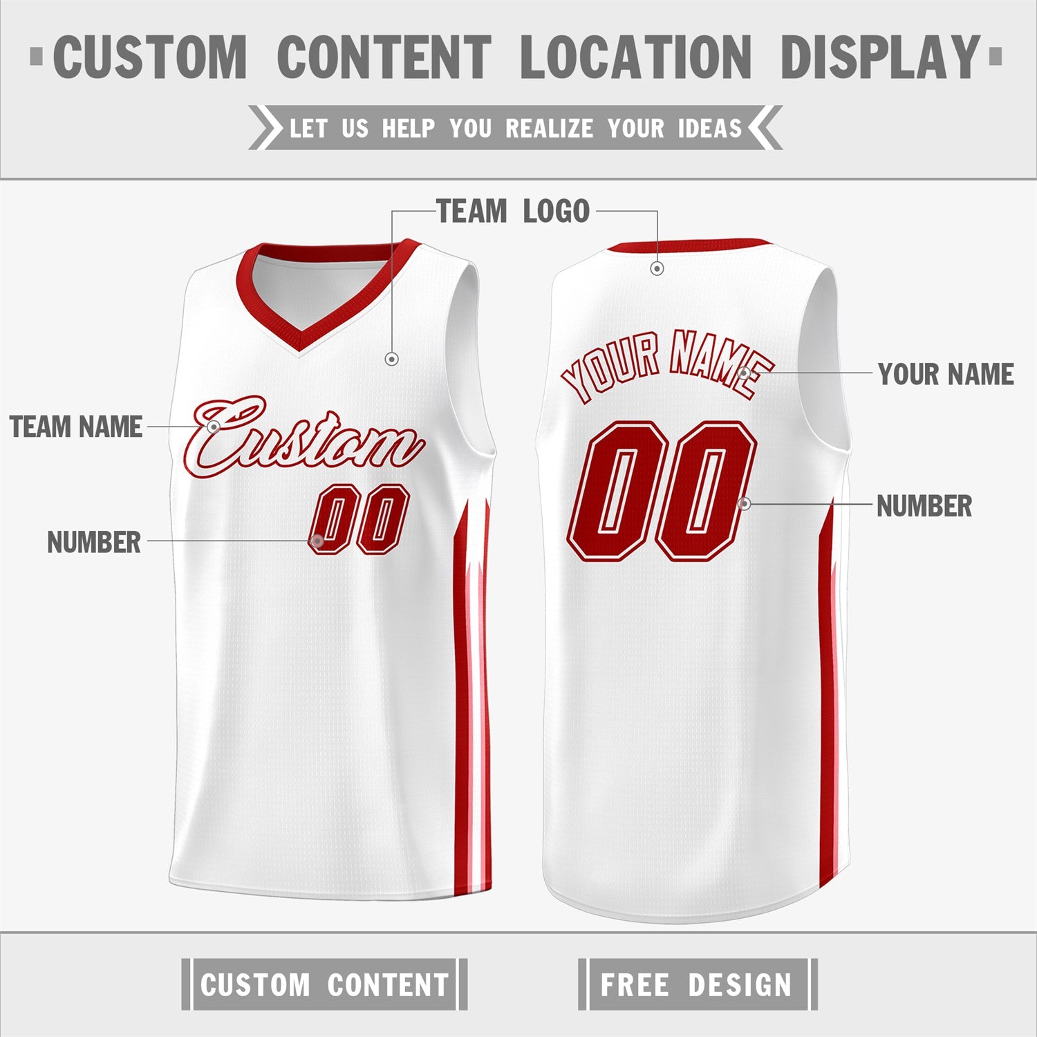 Custom White Red Classic Tops Athletic Casual Basketball Jersey