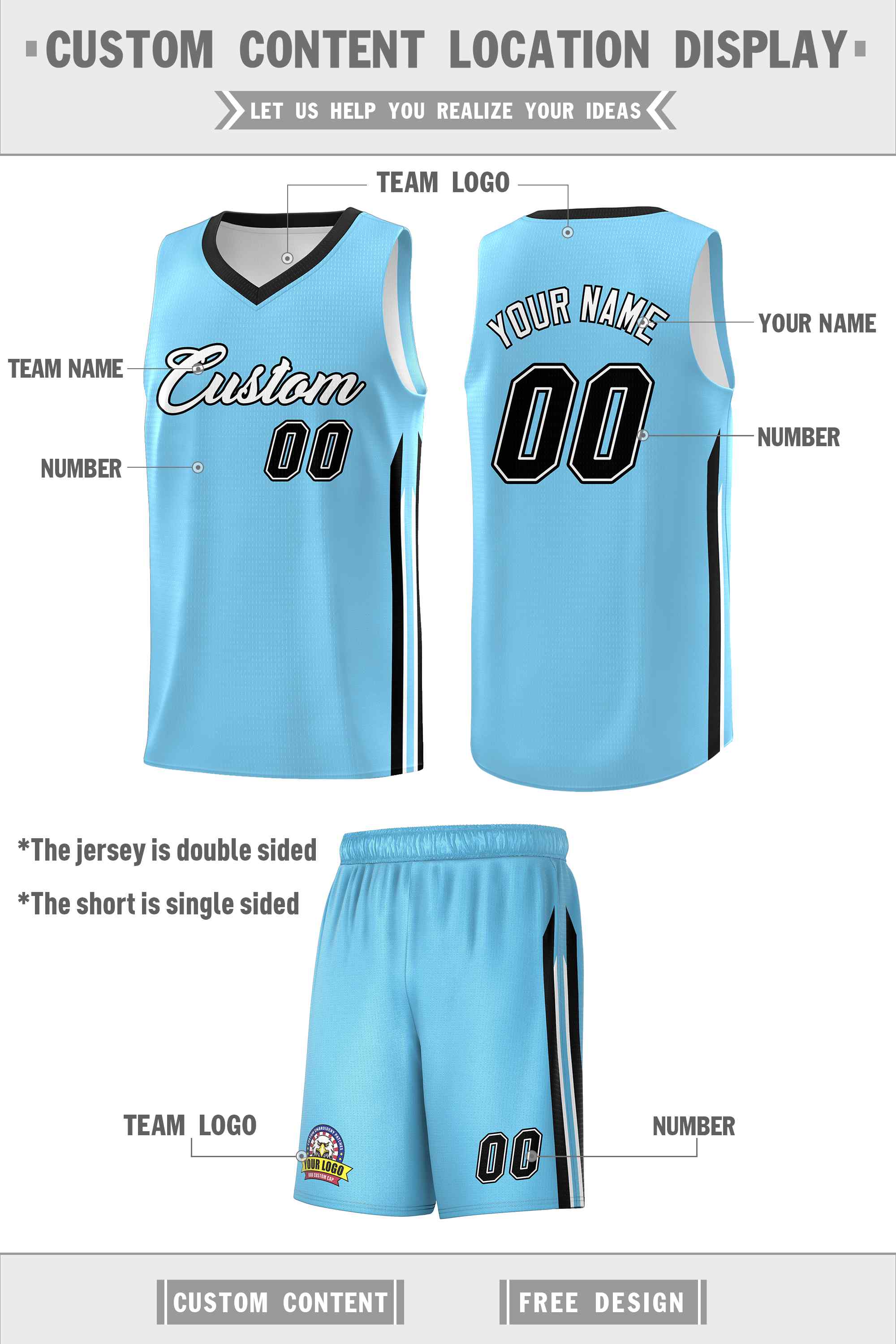 Custom Light Blue White-Black Classic Sets Sports Uniform Basketball Jersey