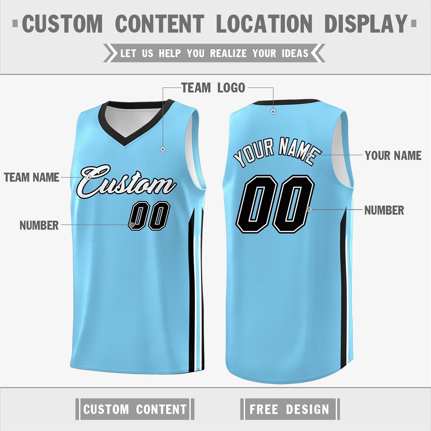 Custom Light Blue White-Black Classic Tops Fashion Basketball Jersey