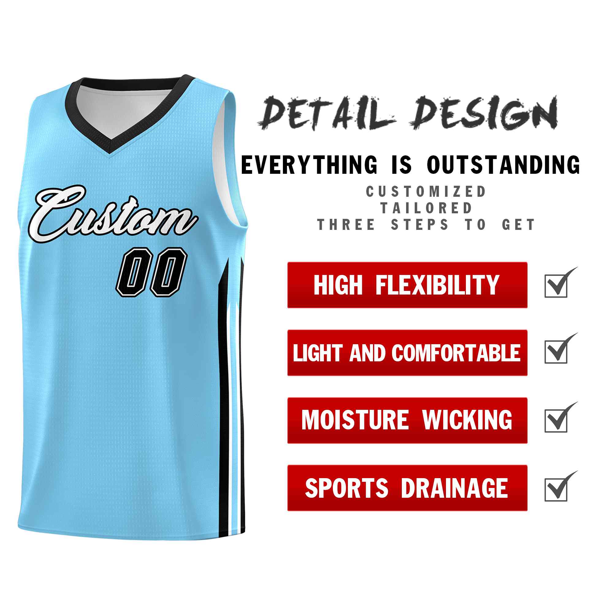 Custom Light Blue White-Black Classic Sets Sports Uniform Basketball Jersey