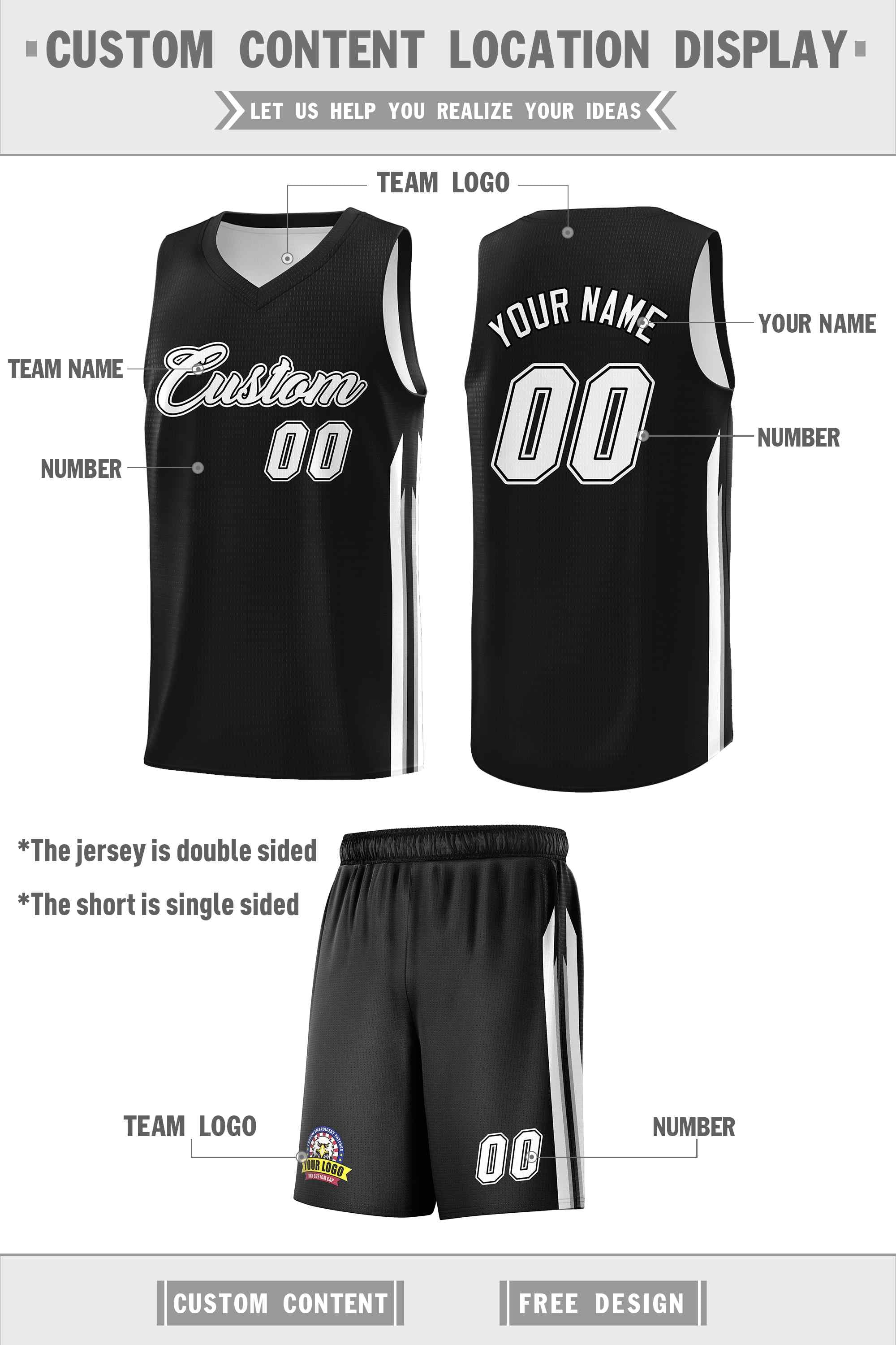 Ensembles classiques noirs blancs-noirs personnalisés, maillot de basket-ball uniforme de sport