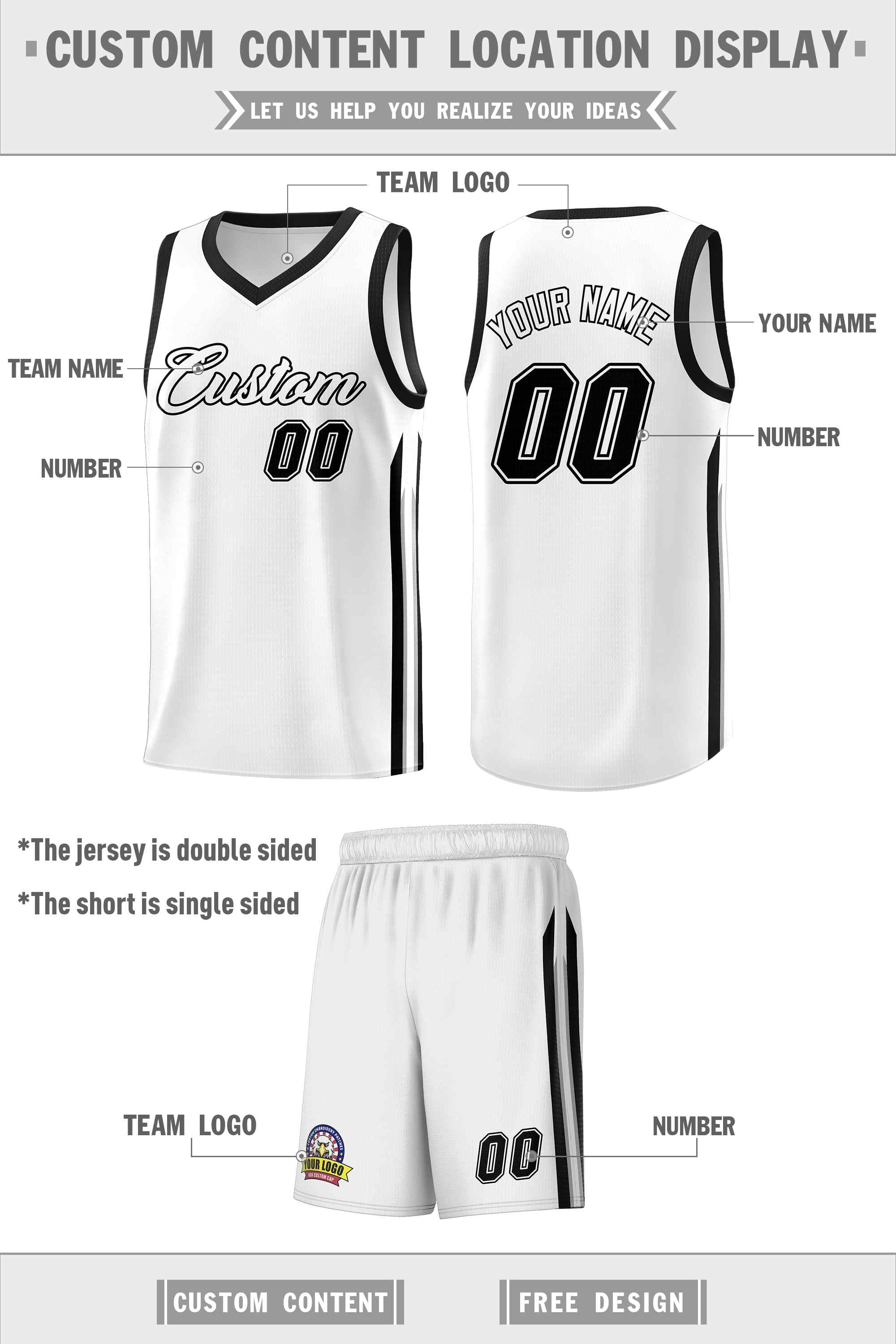 Ensembles classiques noirs et blancs personnalisés, maillot de basket-ball uniforme de sport