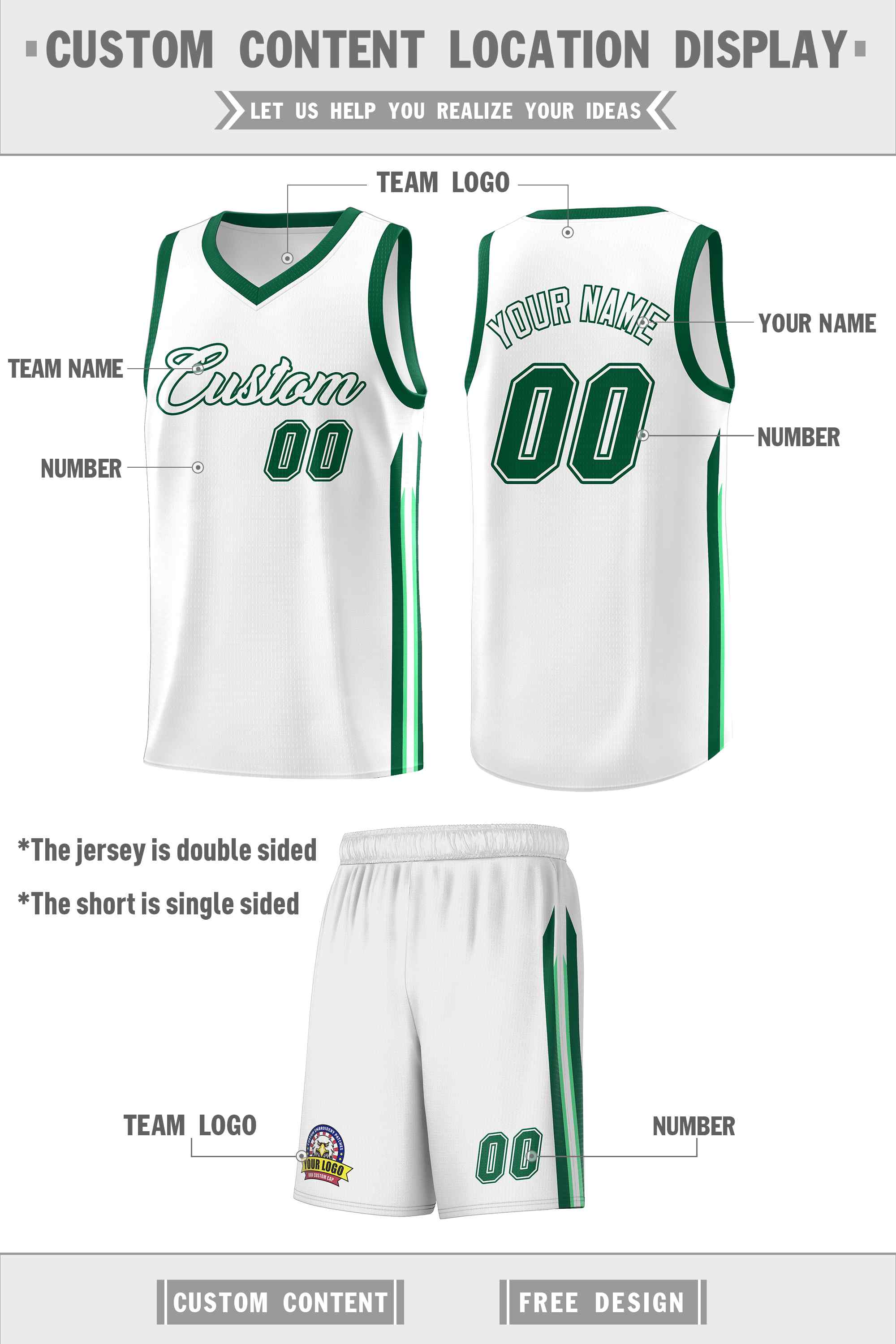 Custom White Green Classic Sets Sports Uniform Basketball Jersey