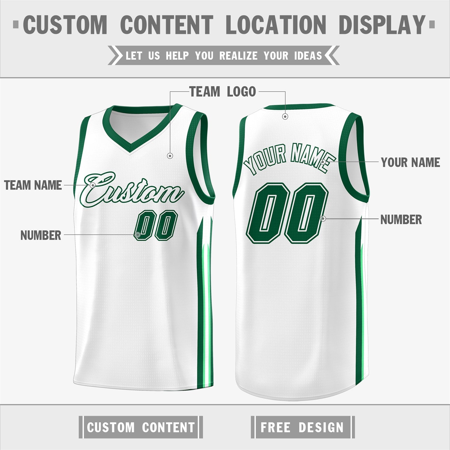 Custom White Green Classic Tops Fashion Sportwear Basketball Jersey