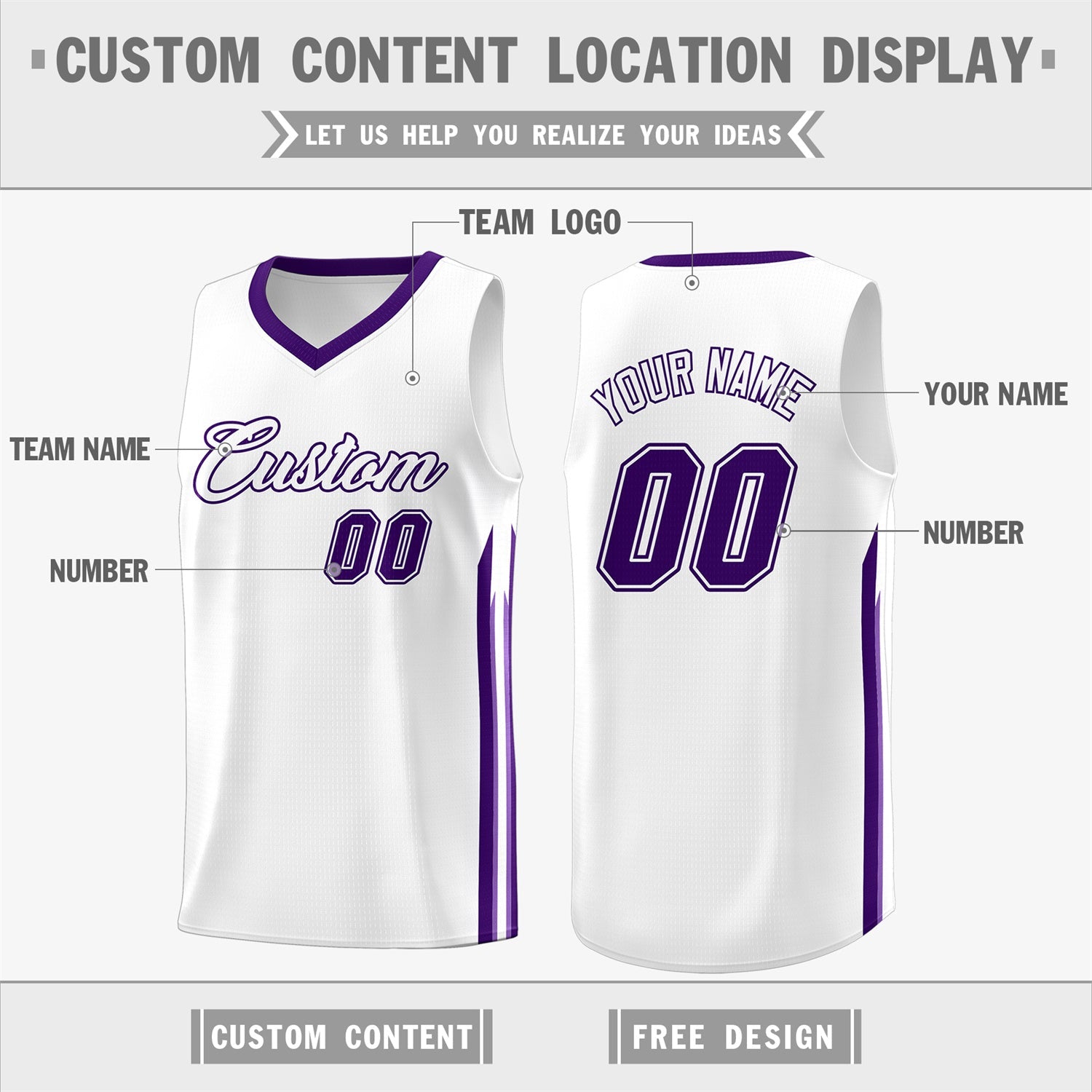 Custom White Purple Classic Tops Athletic Casual Basketball Jersey