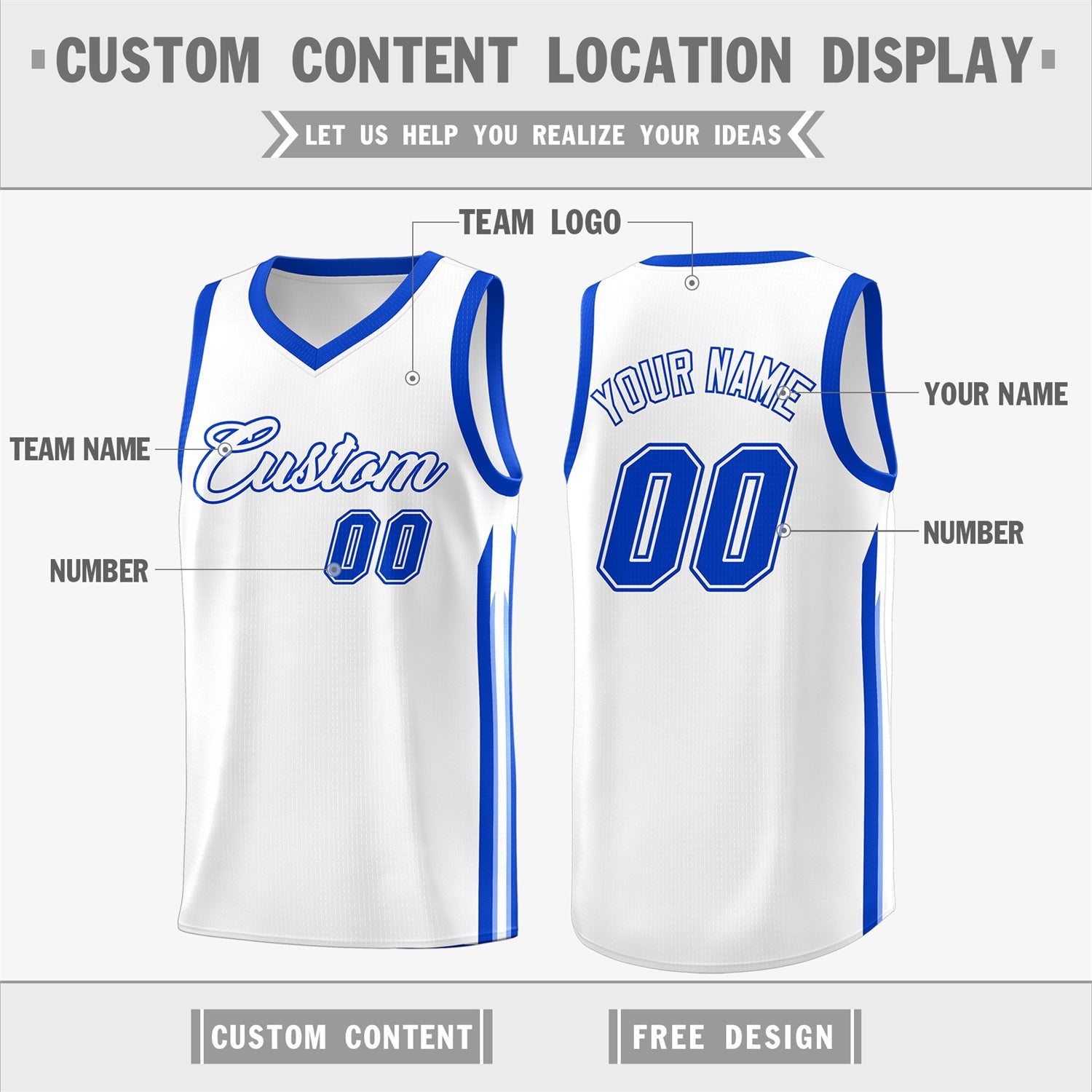 Custom White Royal Classic Tops Athletic Casual Basketball Jersey