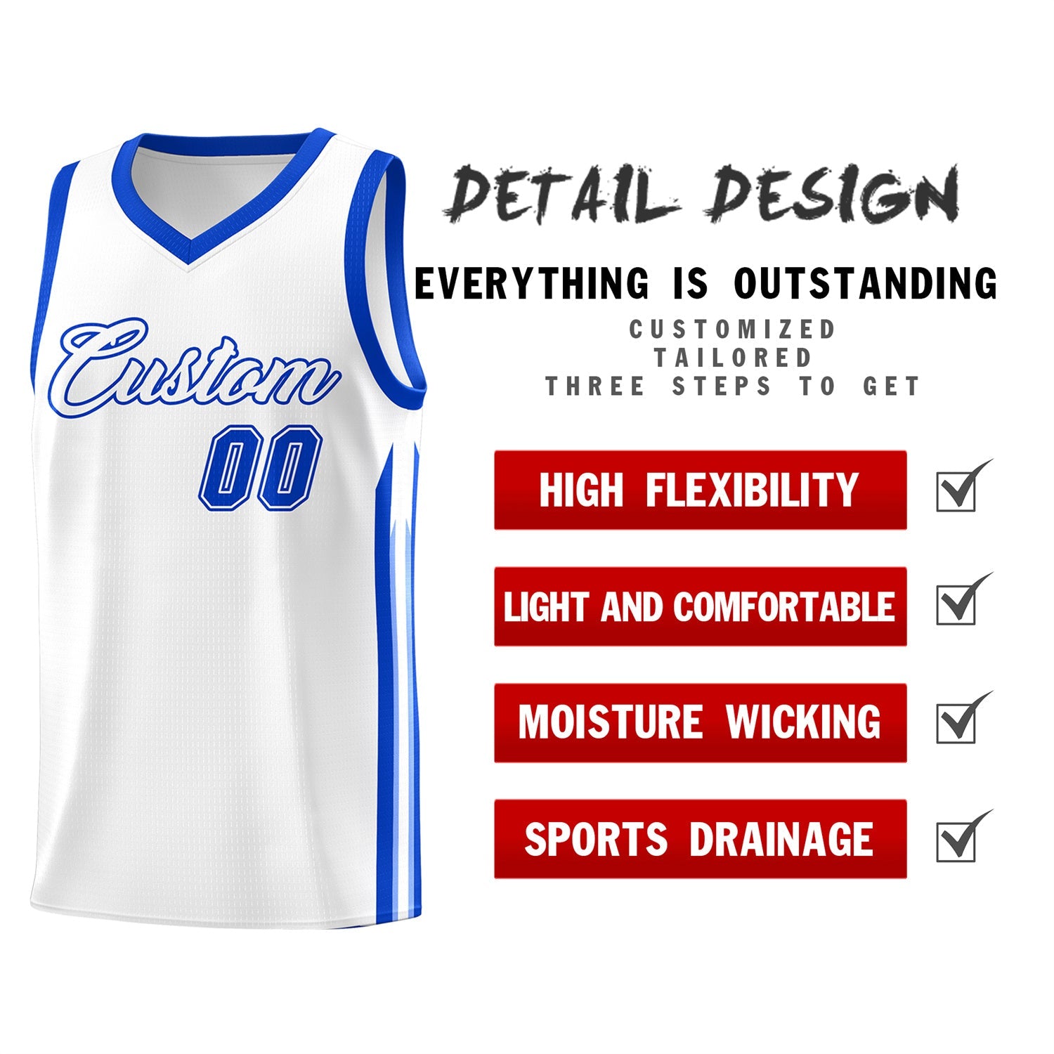 Maillot de basket-ball décontracté et athlétique, Royal blanc personnalisé, hauts classiques