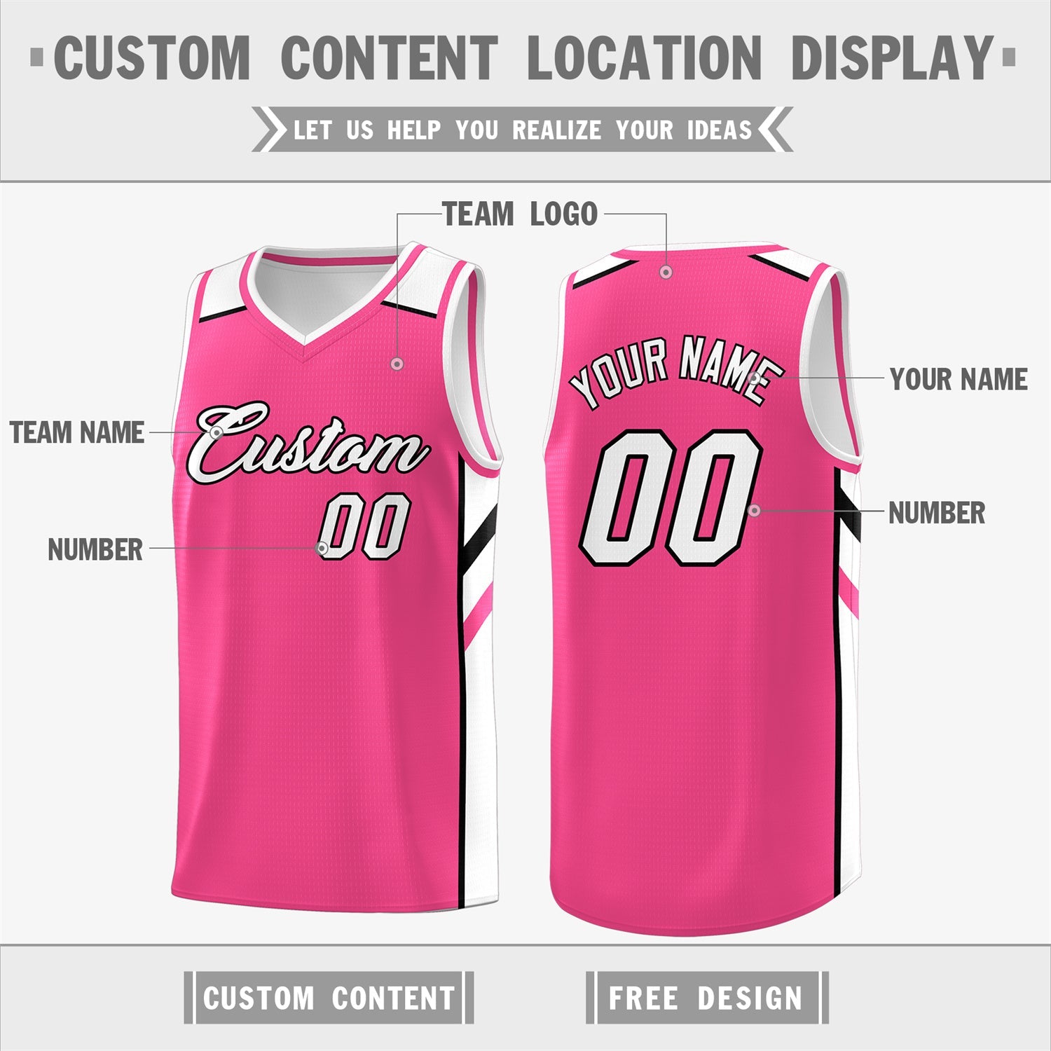 Custom Pink White Classic Tops Fashion Sportwear Basketball Jersey