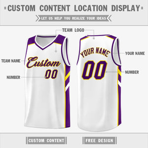 Custom White Purple-Yellow Classic Tops Men/Boy Athletic Basketball Jersey