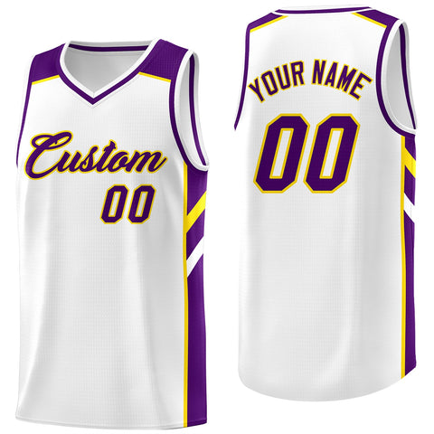 Custom White Purple-Yellow Classic Tops Men/Boy Athletic Basketball Jersey