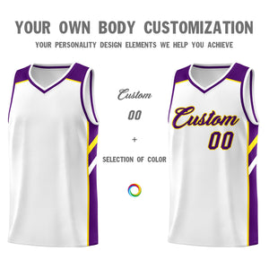 Custom White Purple-Yellow Classic Tops Men/Boy Athletic Basketball Jersey