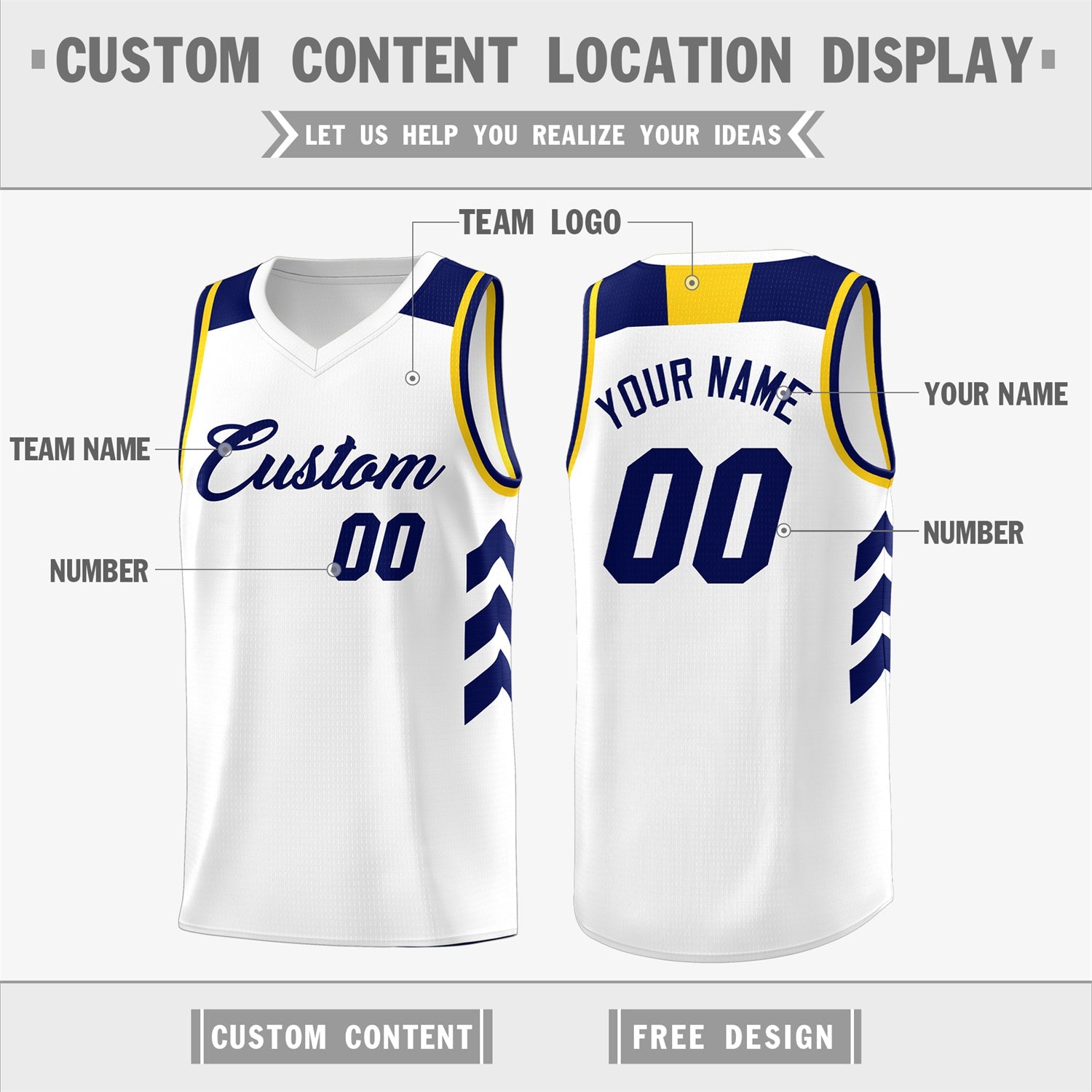 Custom White Navy-Yellow Classic Tops Fashion Sportwear Basketball Jersey