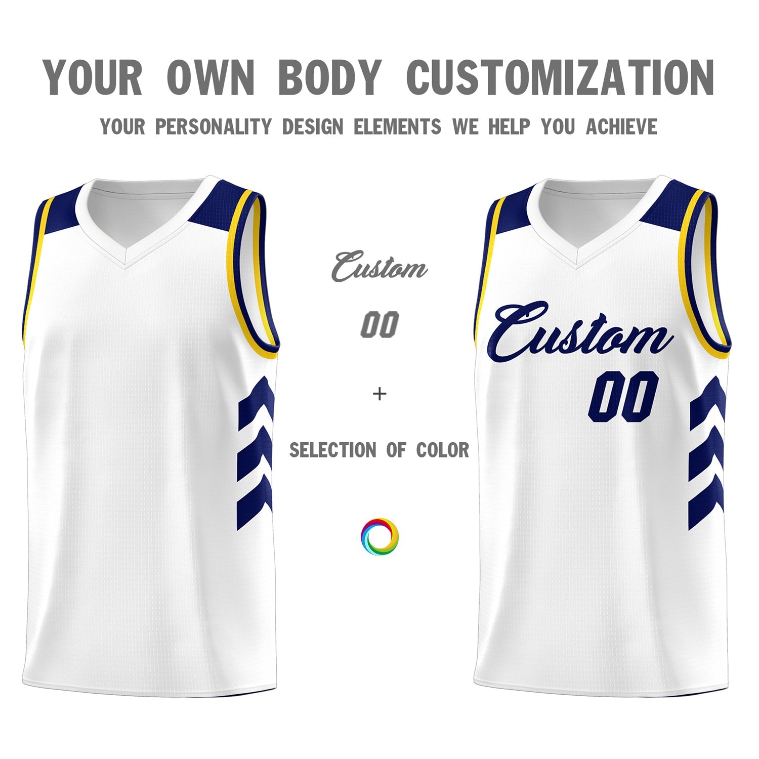 Custom White Navy-Yellow Classic Tops Fashion Sportwear Basketball Jersey