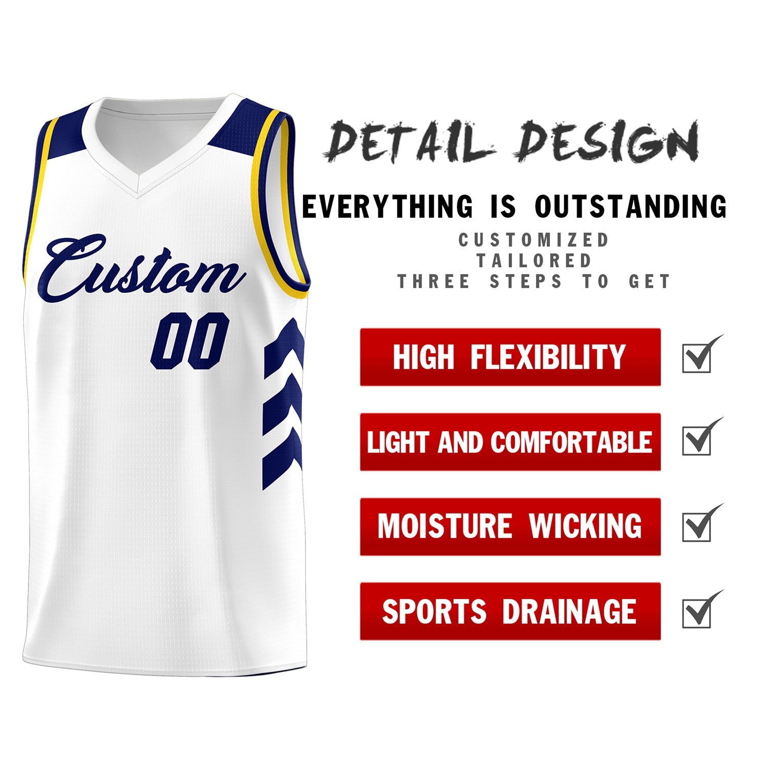 Custom White Navy-Yellow Classic Tops Fashion Sportwear Basketball Jersey