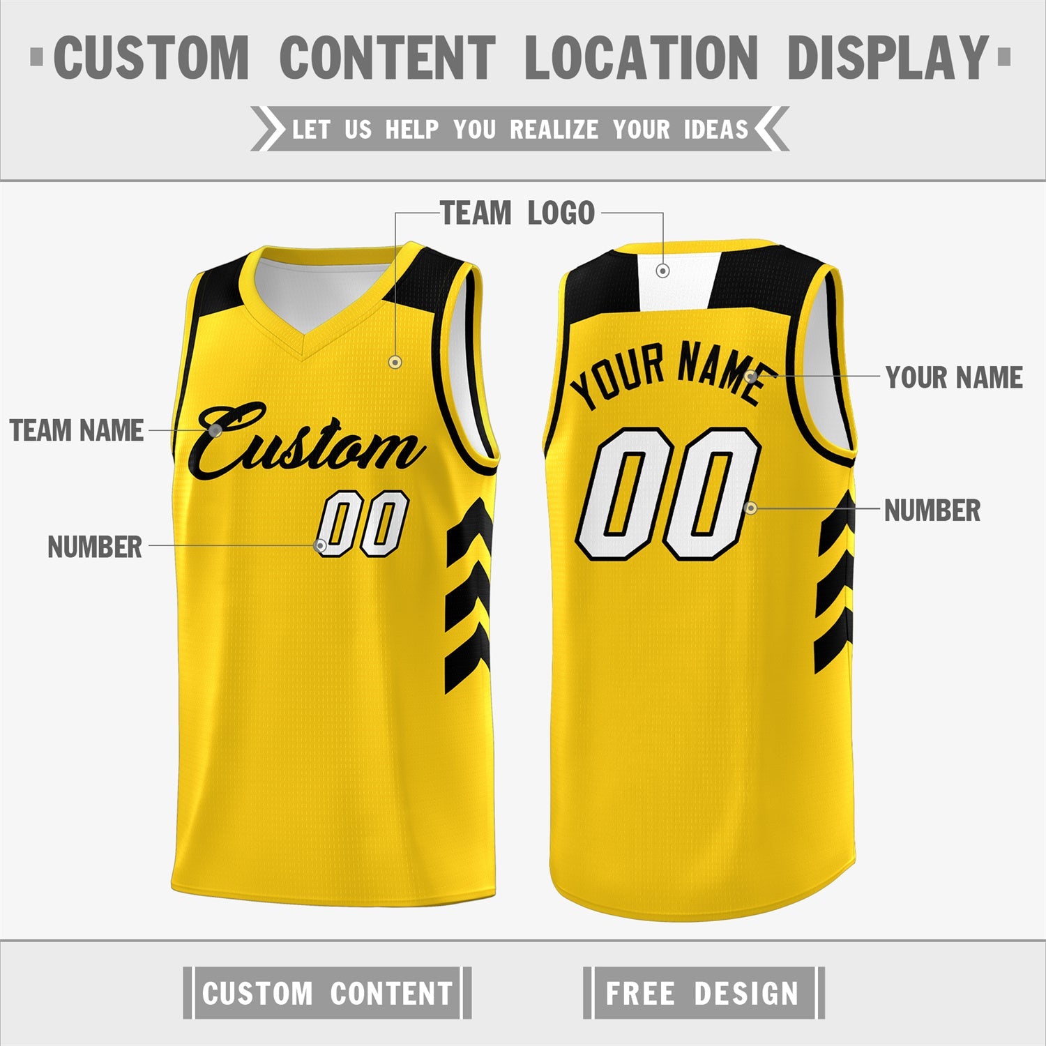 Custom Yellow Black Classic Tops Fashion Sportwear Basketball Jersey