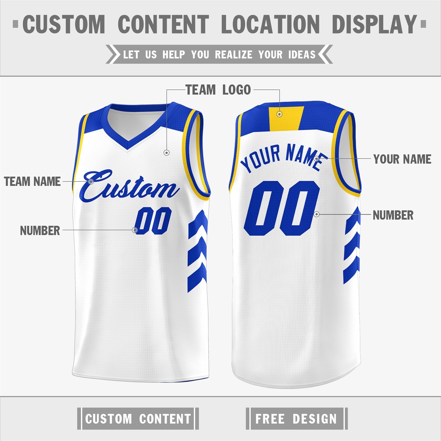 Custom White Royal-Yellow Classic Tops Fashion Basketball Jersey