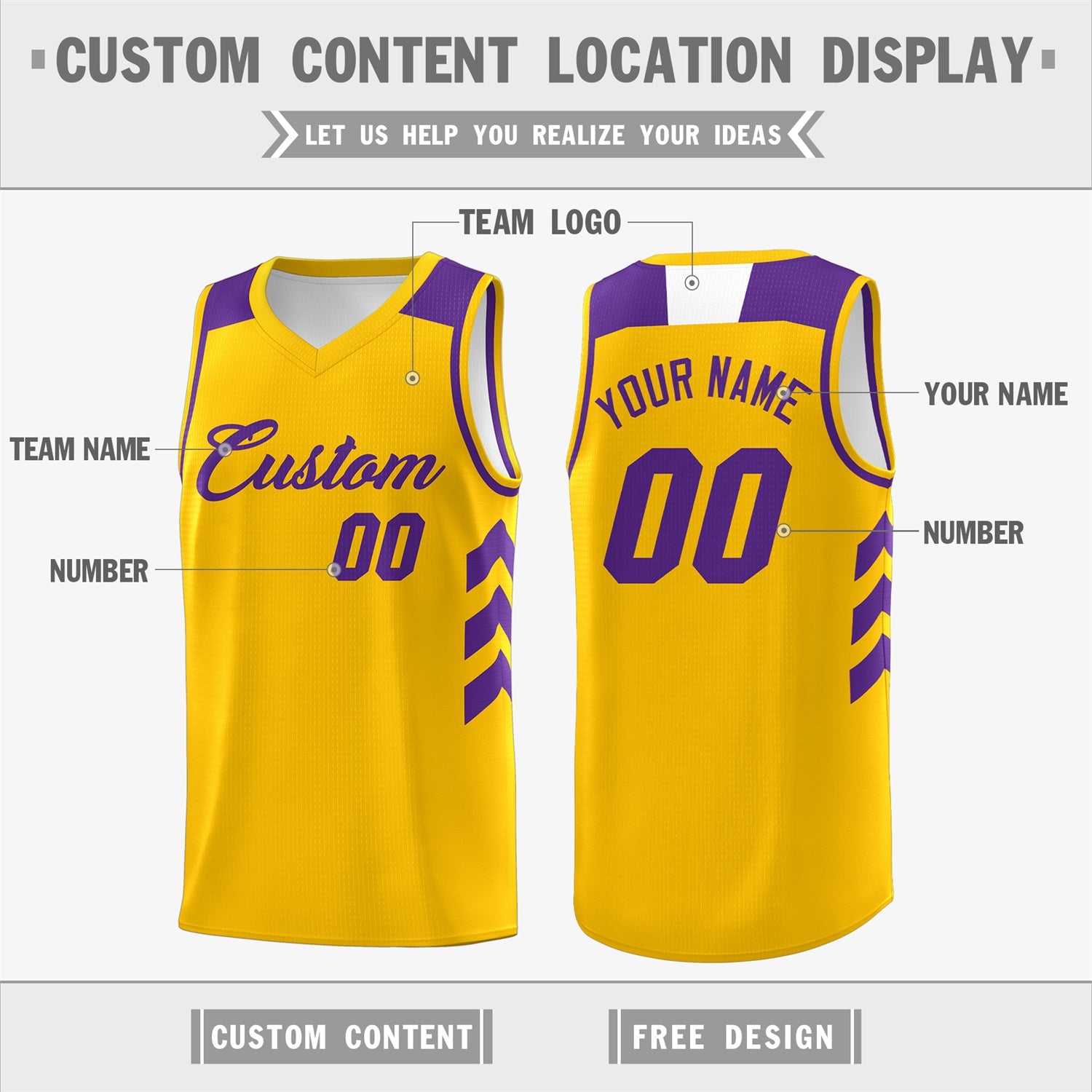 Custom Yellow Purple Classic Tops Fashion Sportwear Basketball Jersey