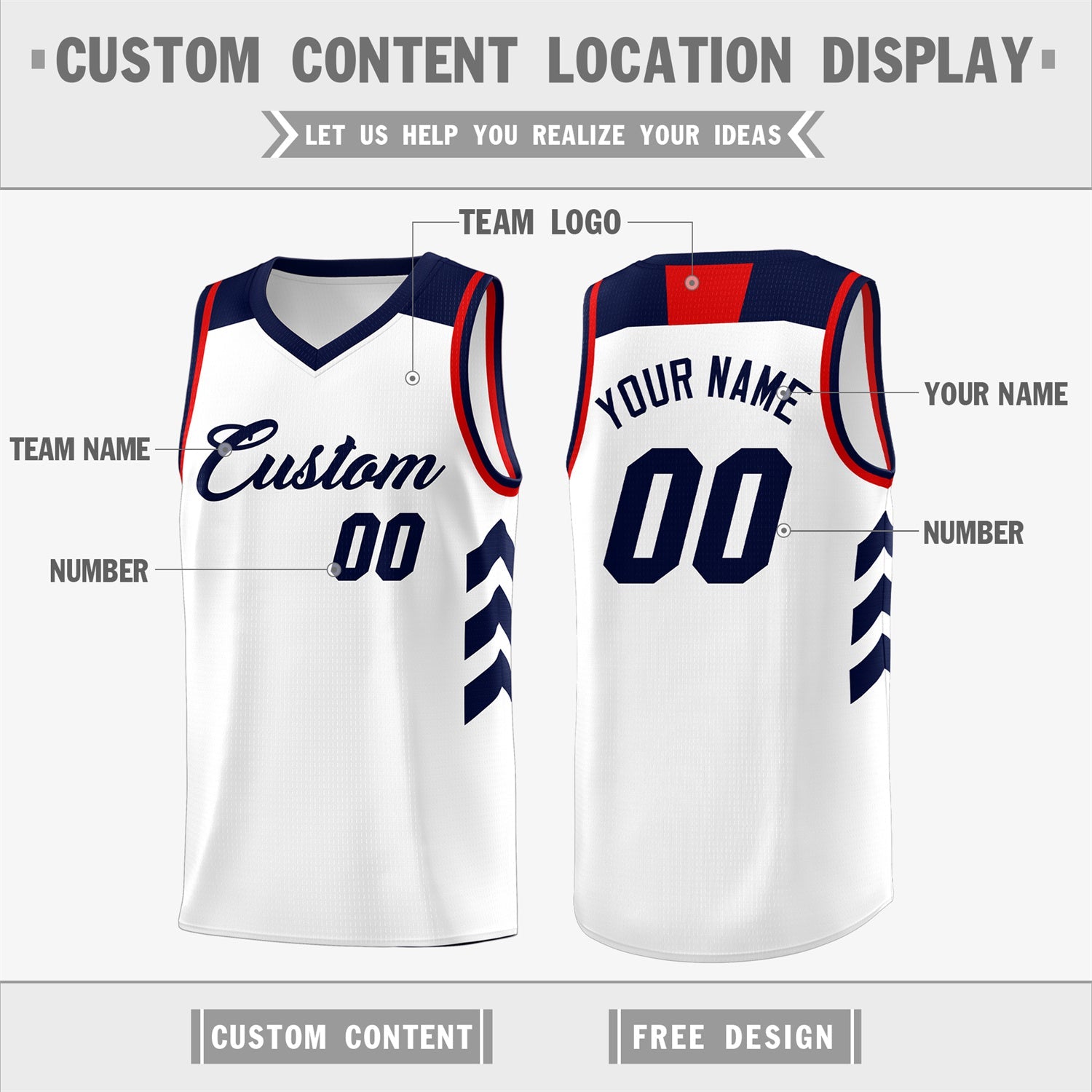 Custom White Navy-Red Classic Tops Fashion Sportwear Basketball Jersey