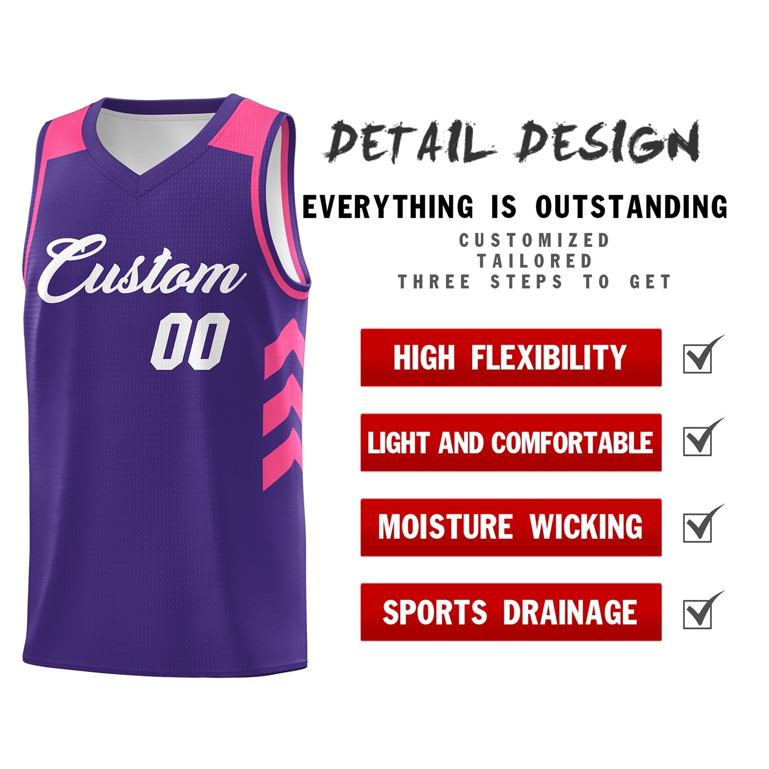 Custom Purple White-Pink Classic Tops Breathable Basketball Jersey