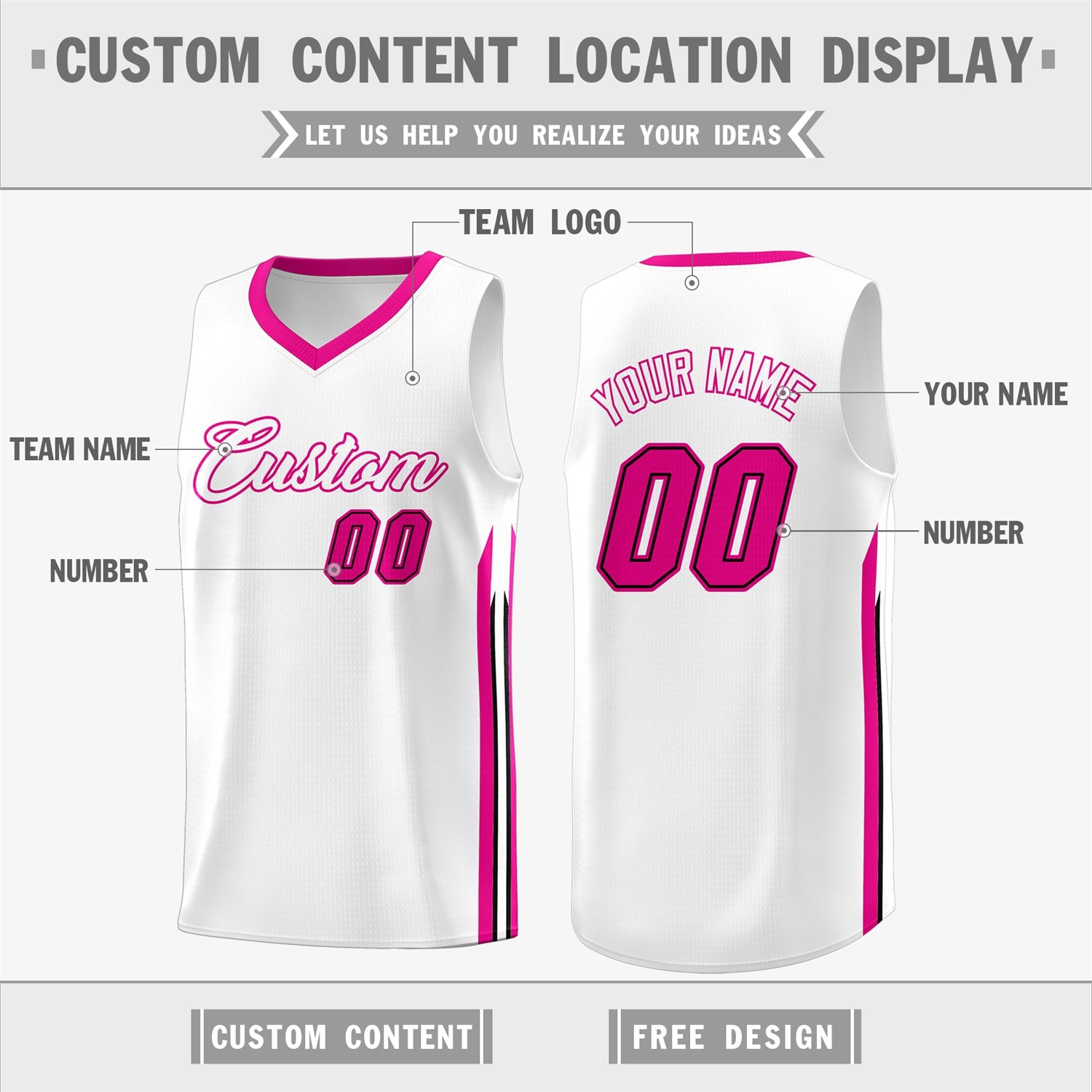 Custom White Pink Classic Tops Athletic Casual Basketball Jersey