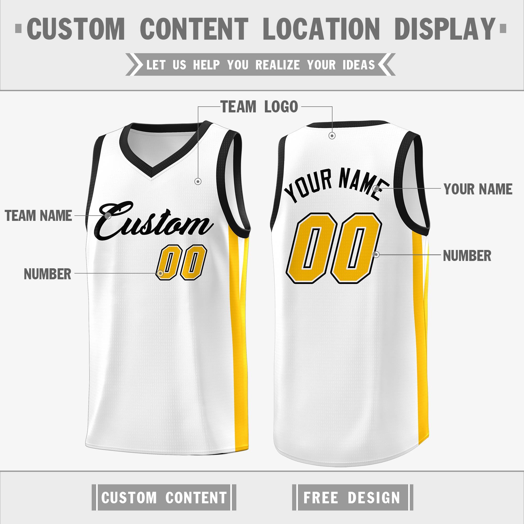 Custom White Yellow Classic Tops Basketball Jersey