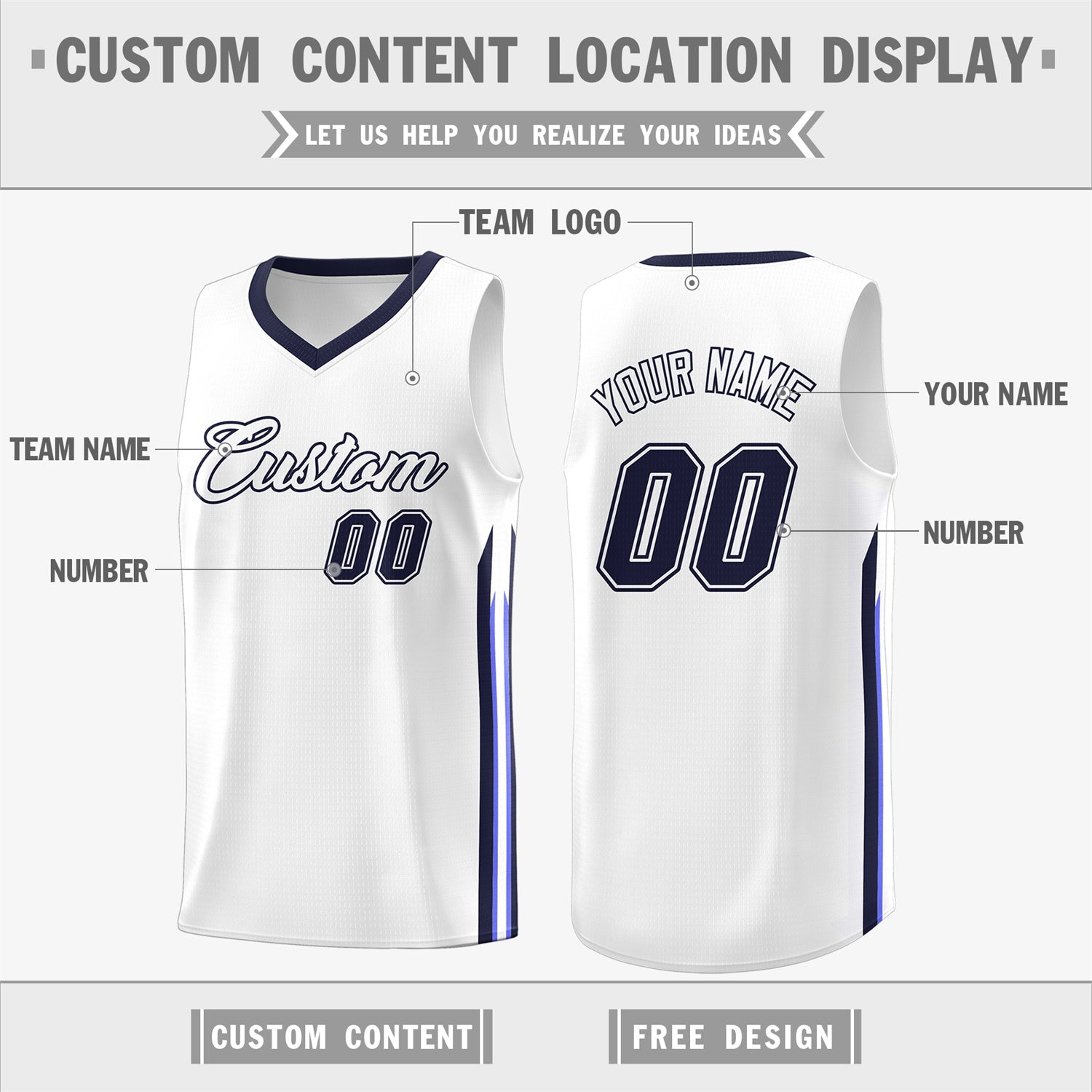 Custom White Navy Classic Tops Athletic Casual Basketball Jersey