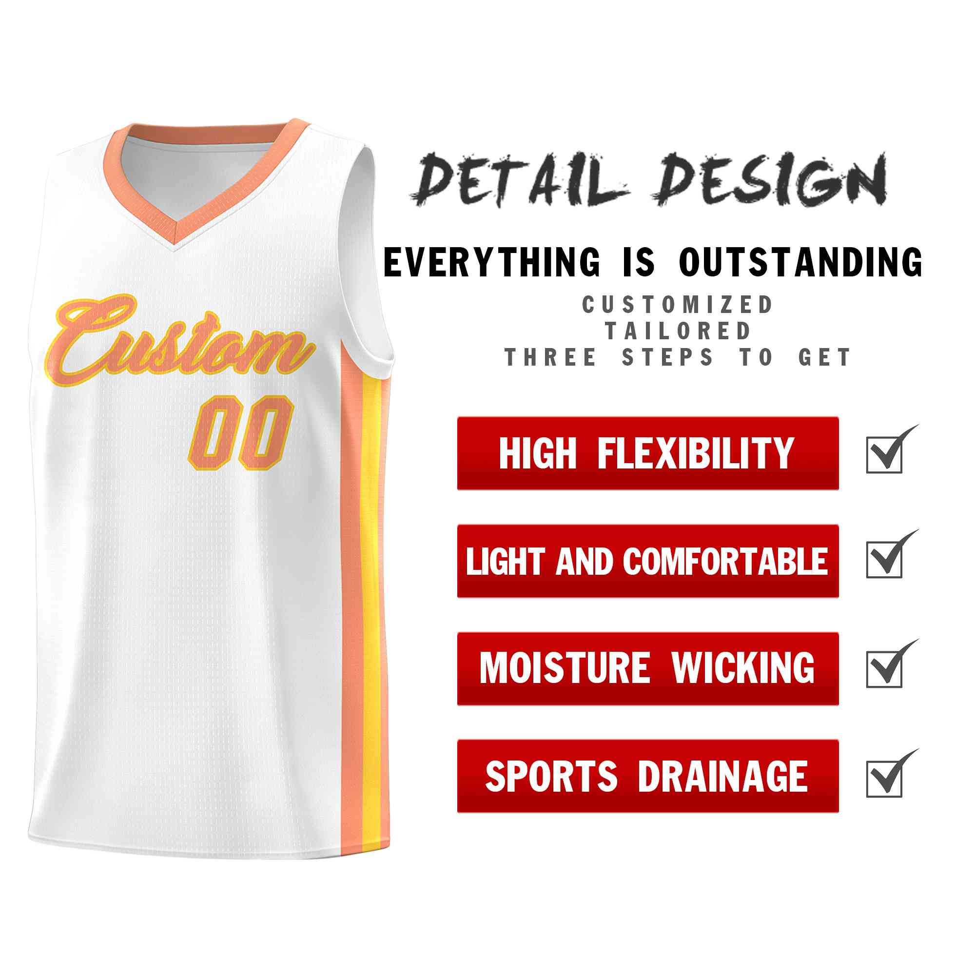 Custom White Orange-Gold Classic Tops Mesh Sport Basketball Jersey