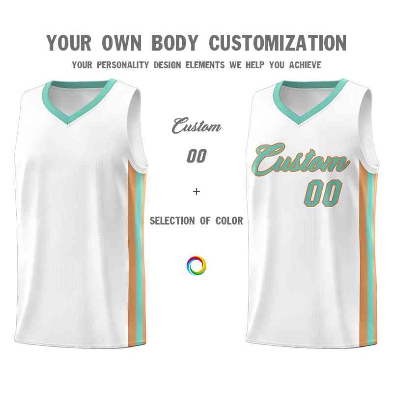 Custom White Aqua-Old Gold Classic Tops Mesh Sport Basketball Jersey