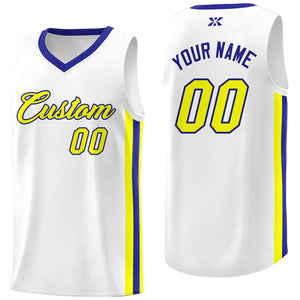 Custom White Yellow-Royal Classic Tops Mesh Sport Basketball Jersey