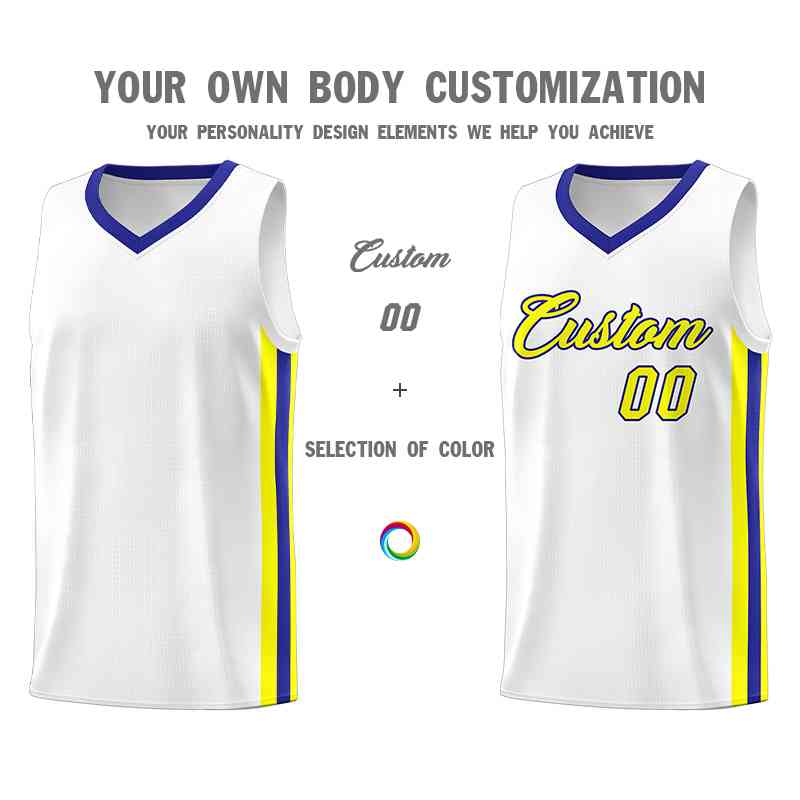 Custom White Yellow-Royal Classic Tops Mesh Sport Basketball Jersey