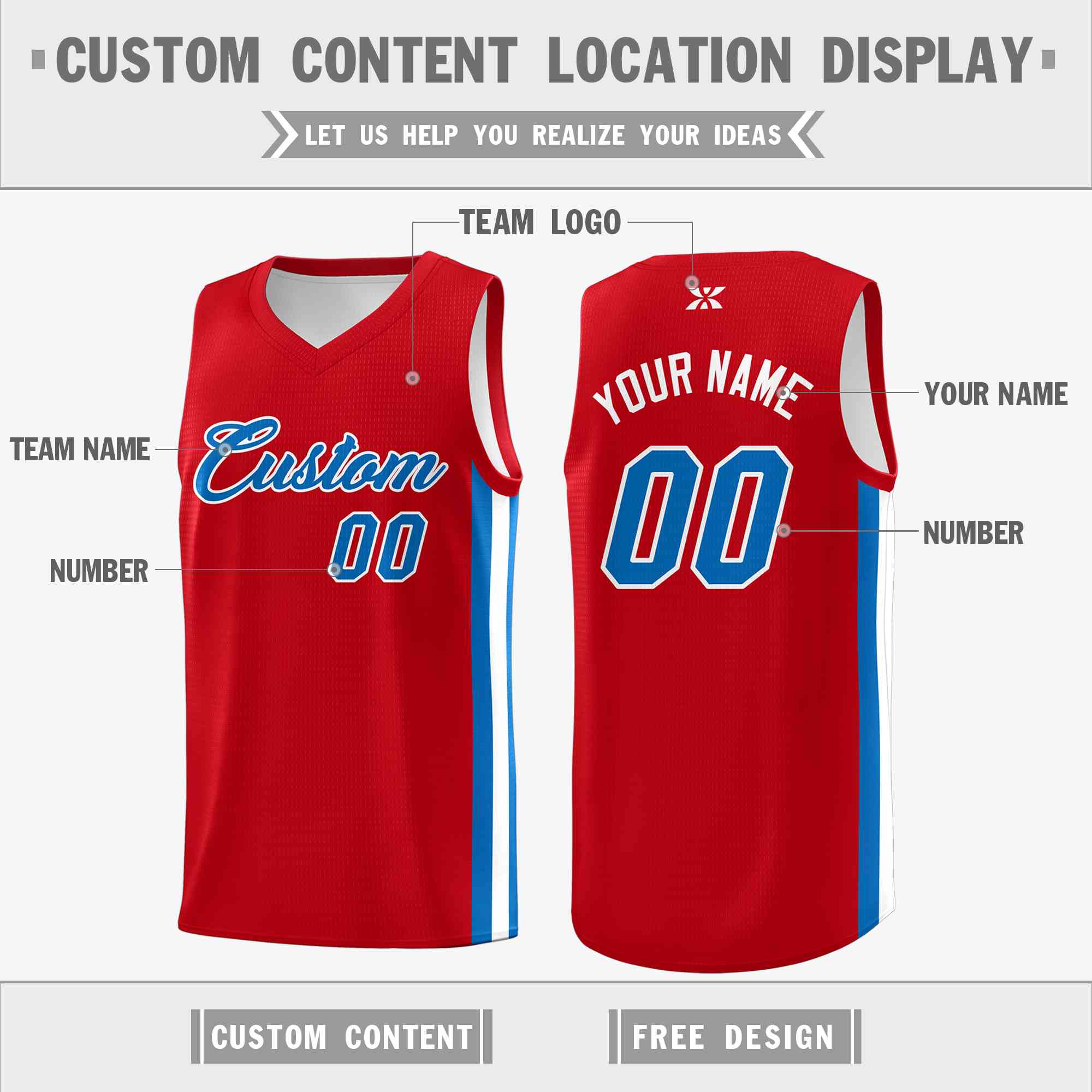 Custom Red Powder Blue-White Classic Tops Mesh Sport Basketball Jersey