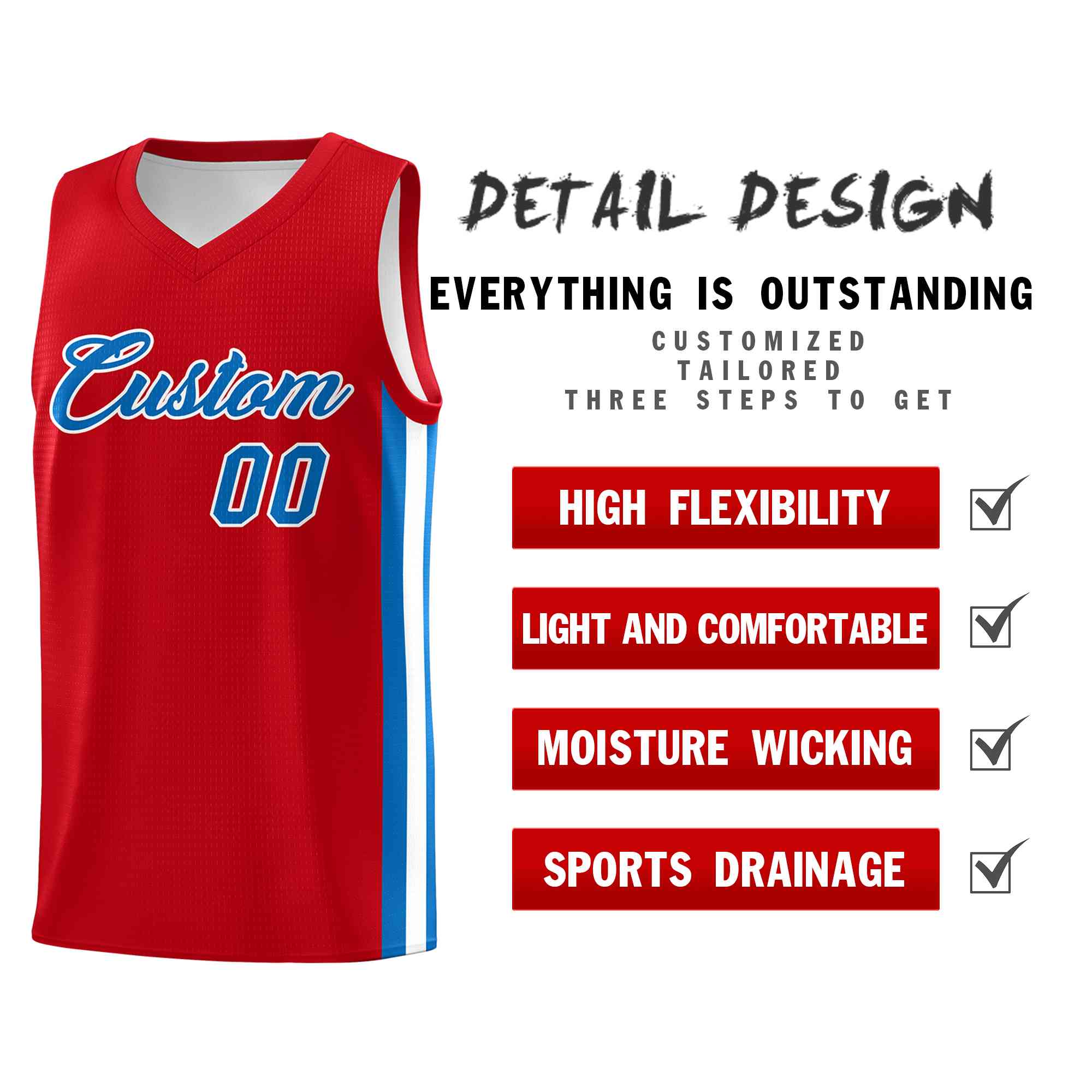 Custom Red Powder Blue-White Classic Tops Mesh Sport Basketball Jersey