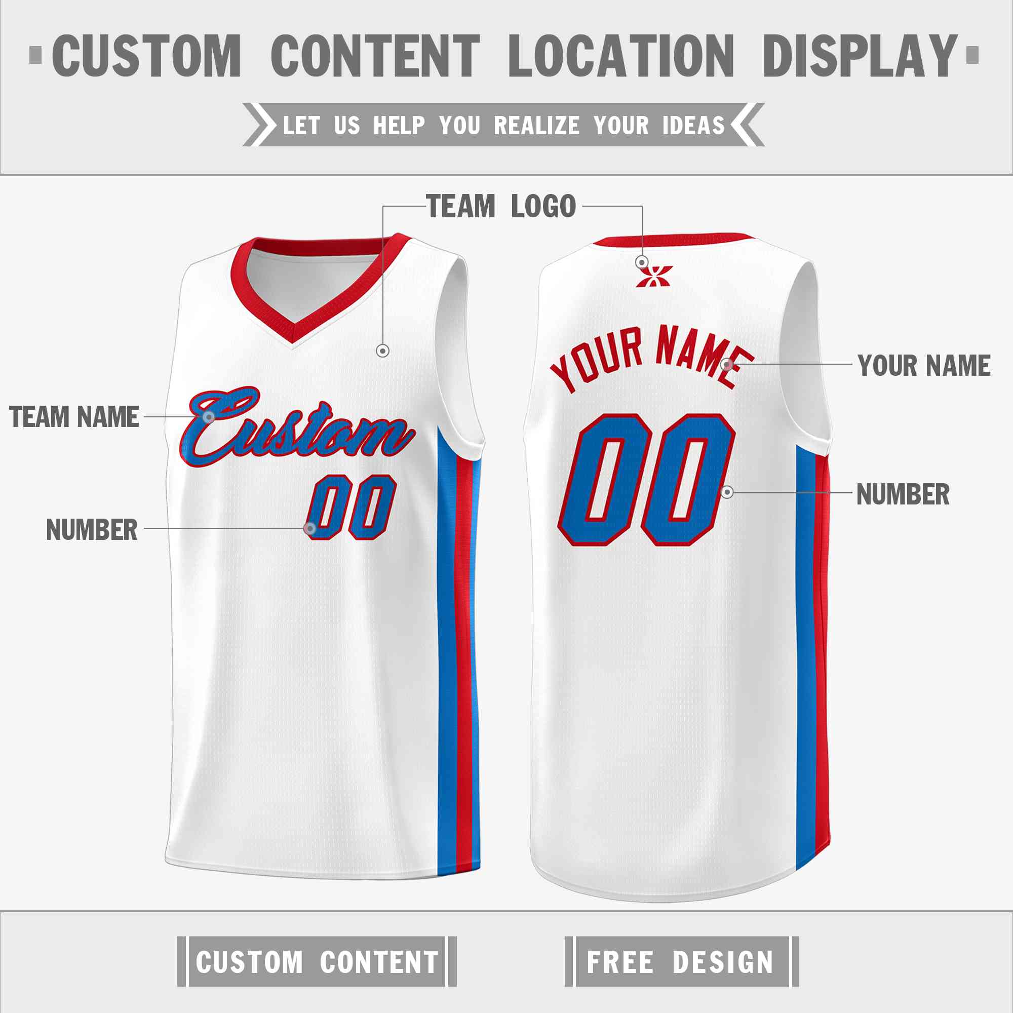 Custom White Royal-Red Classic Tops Mesh Sport Basketball Jersey