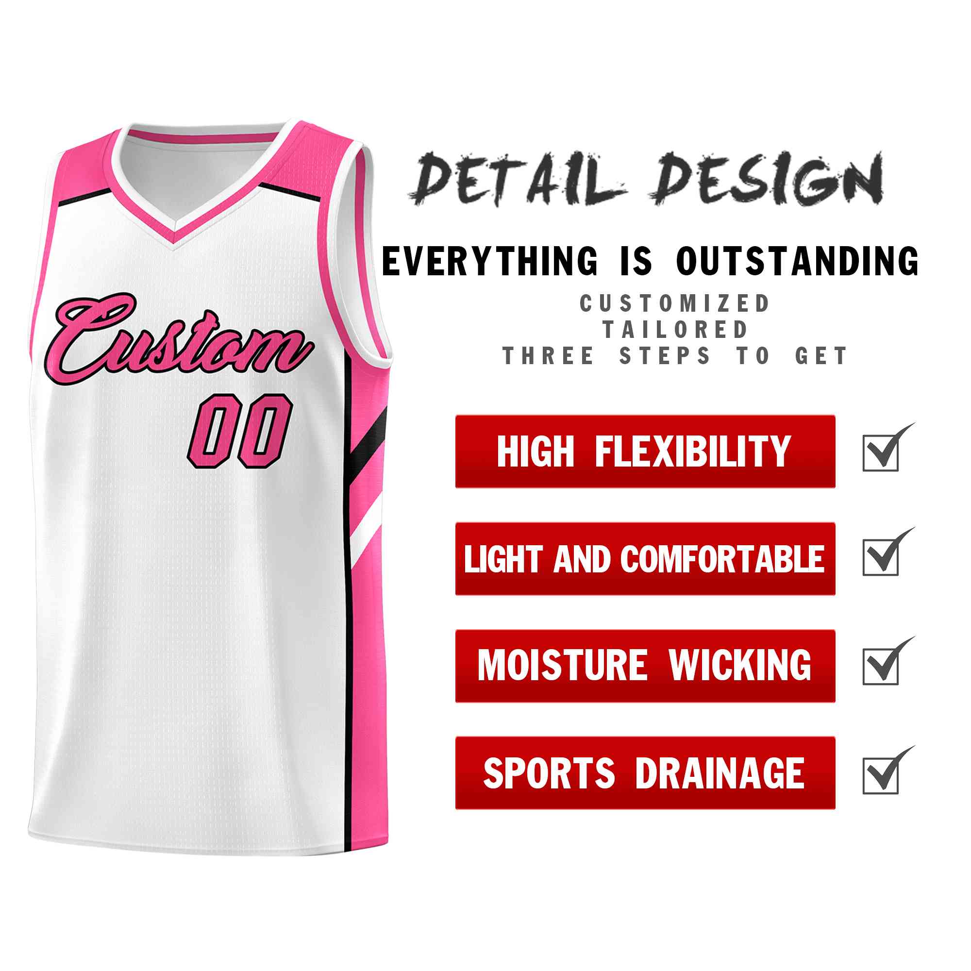 Maillot de basket-ball de sport en maille, personnalisé, blanc, rose-noir, hauts classiques, Style