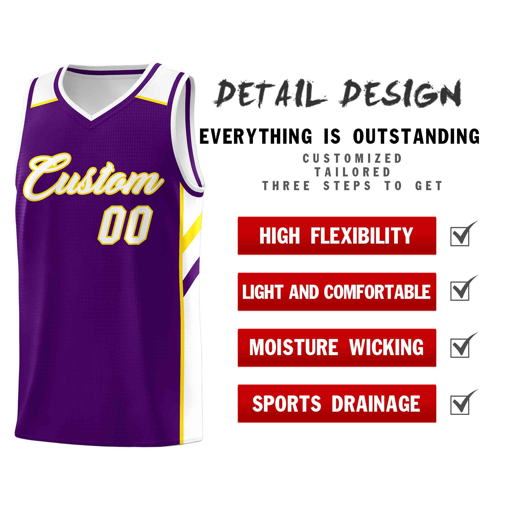 Custom Purple White-Yellow Classic Tops Style Mesh Sport Basketball Jersey