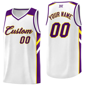 Custom White Purple-Yellow Classic Tops Style Mesh Sport Basketball Jersey